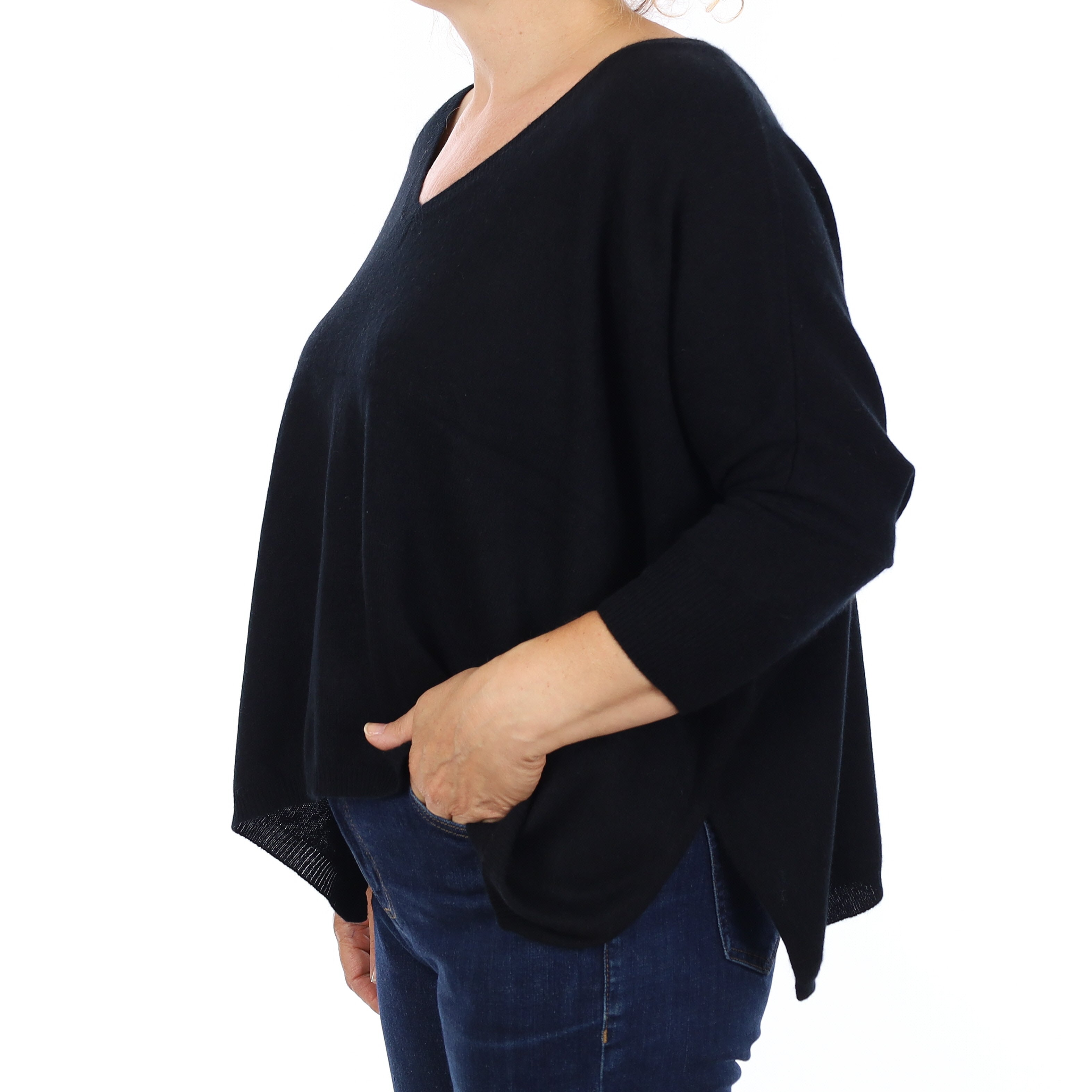 Black Cashmere Boxy V Neck Jumper Medium