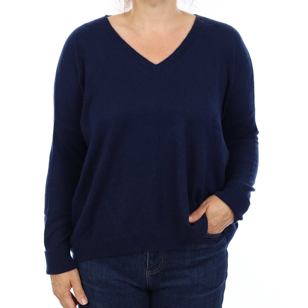 Navy Cashmere Boxy V Neck Jumper Medium