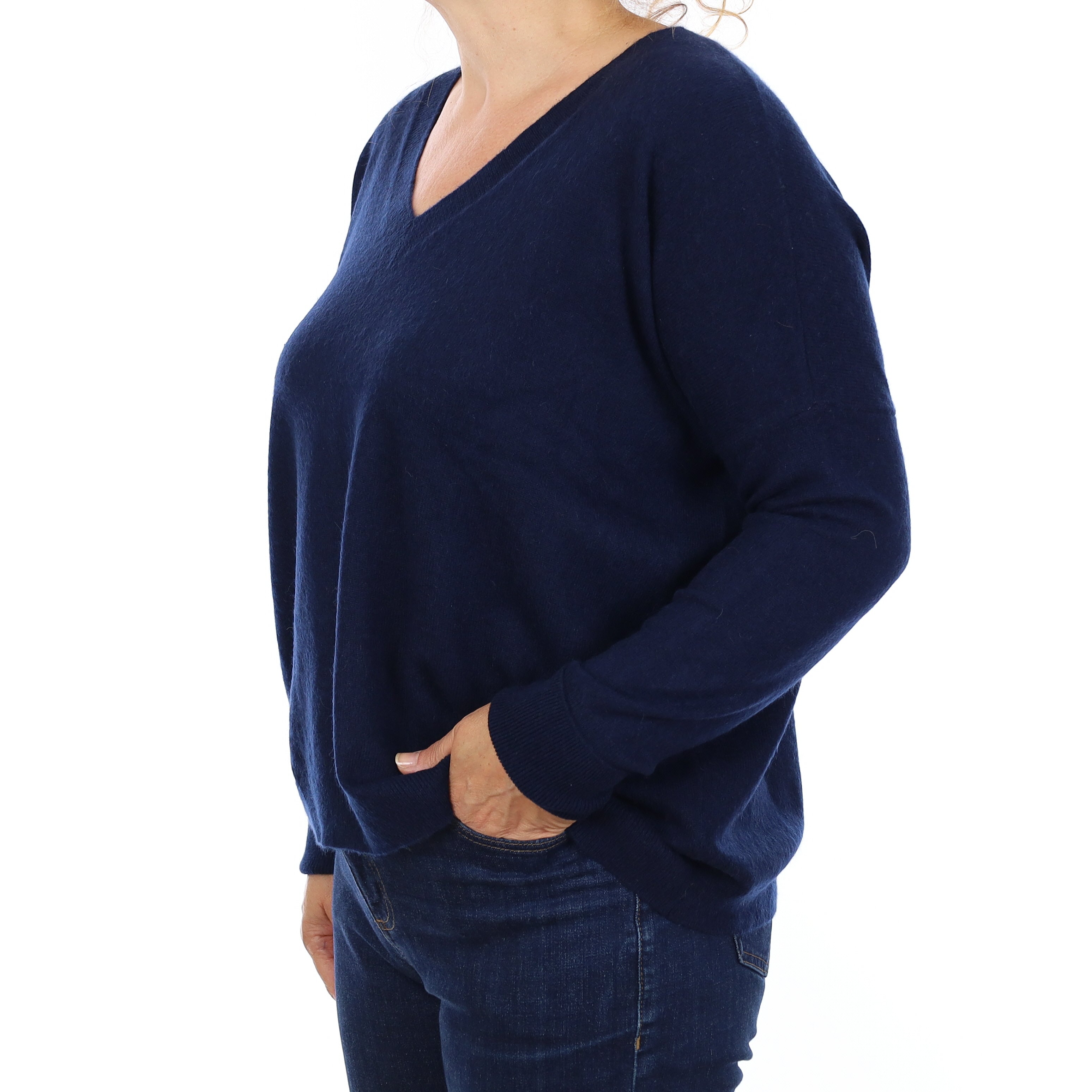 Navy Cashmere Boxy V Neck Jumper Medium