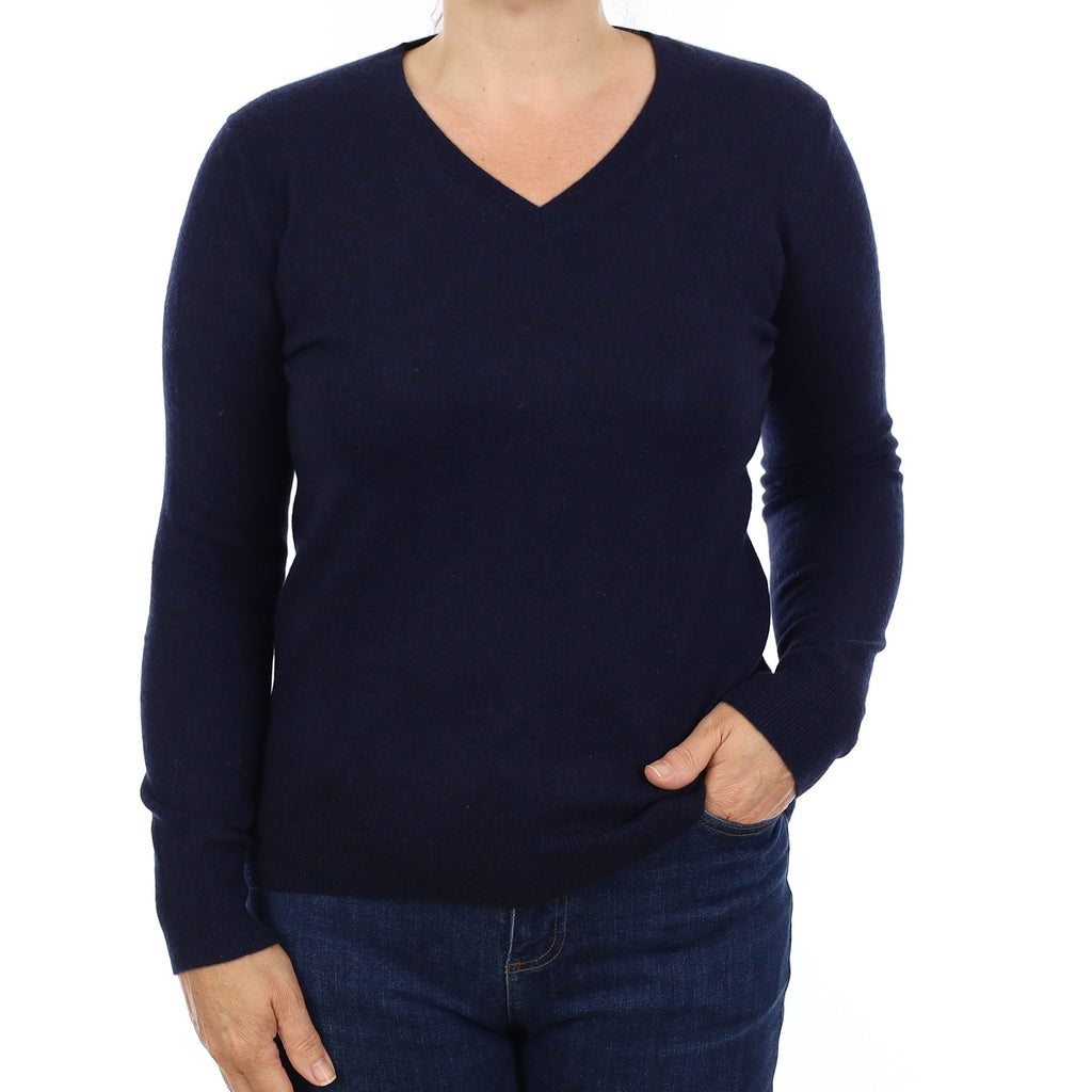 Navy Cashmere V Neck Jumper Medium
