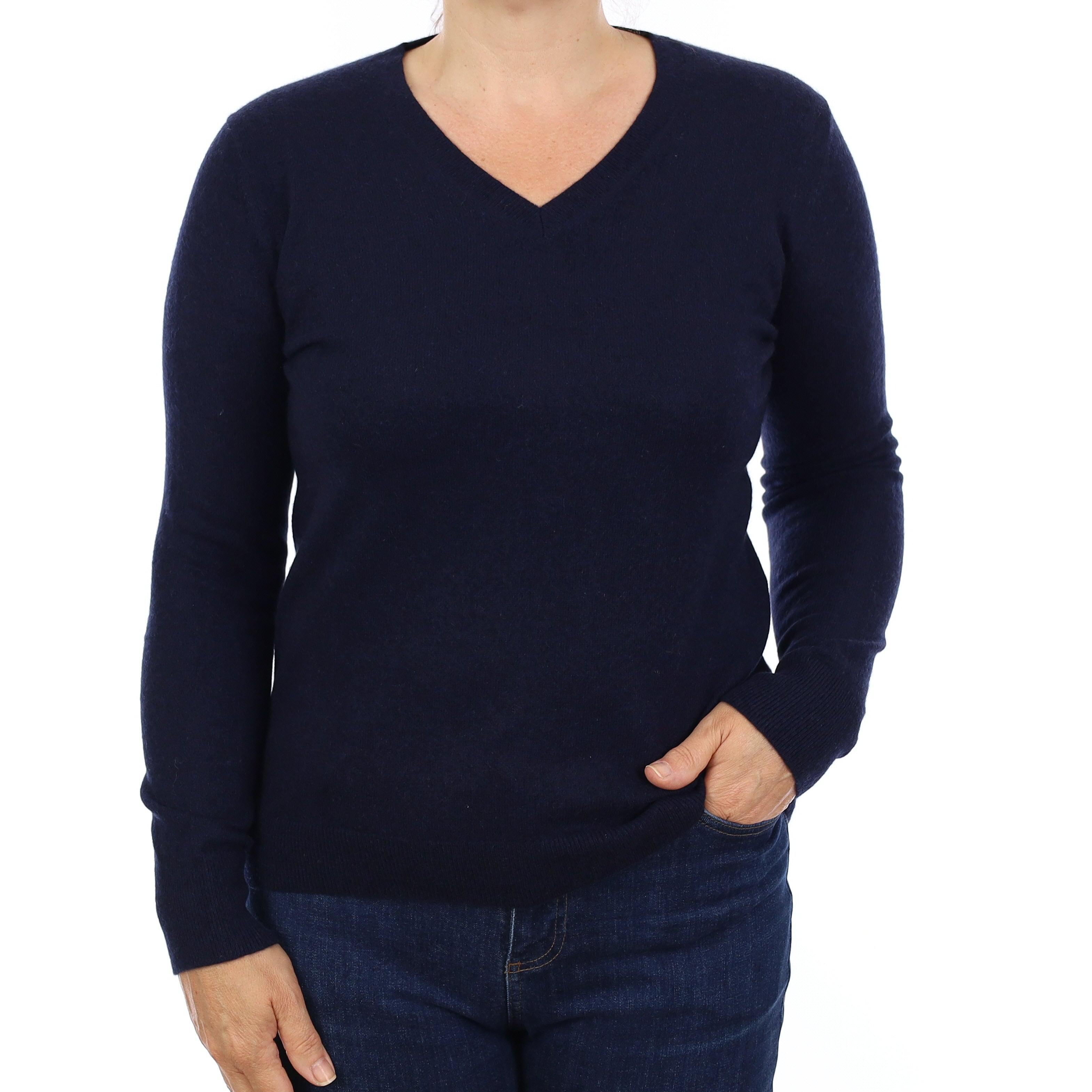 Navy Cashmere V Neck Jumper Medium