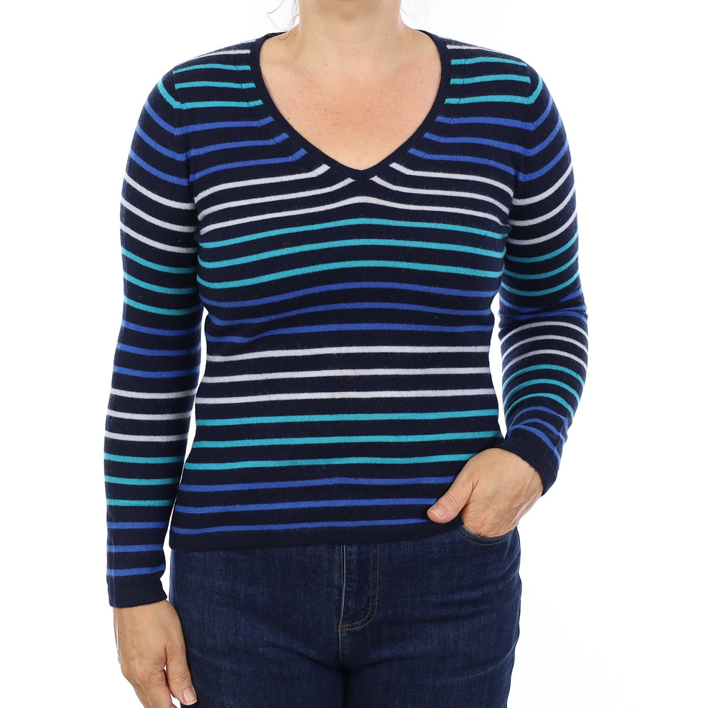 Navy Striped Cashmere V Neck Jumper Medium
