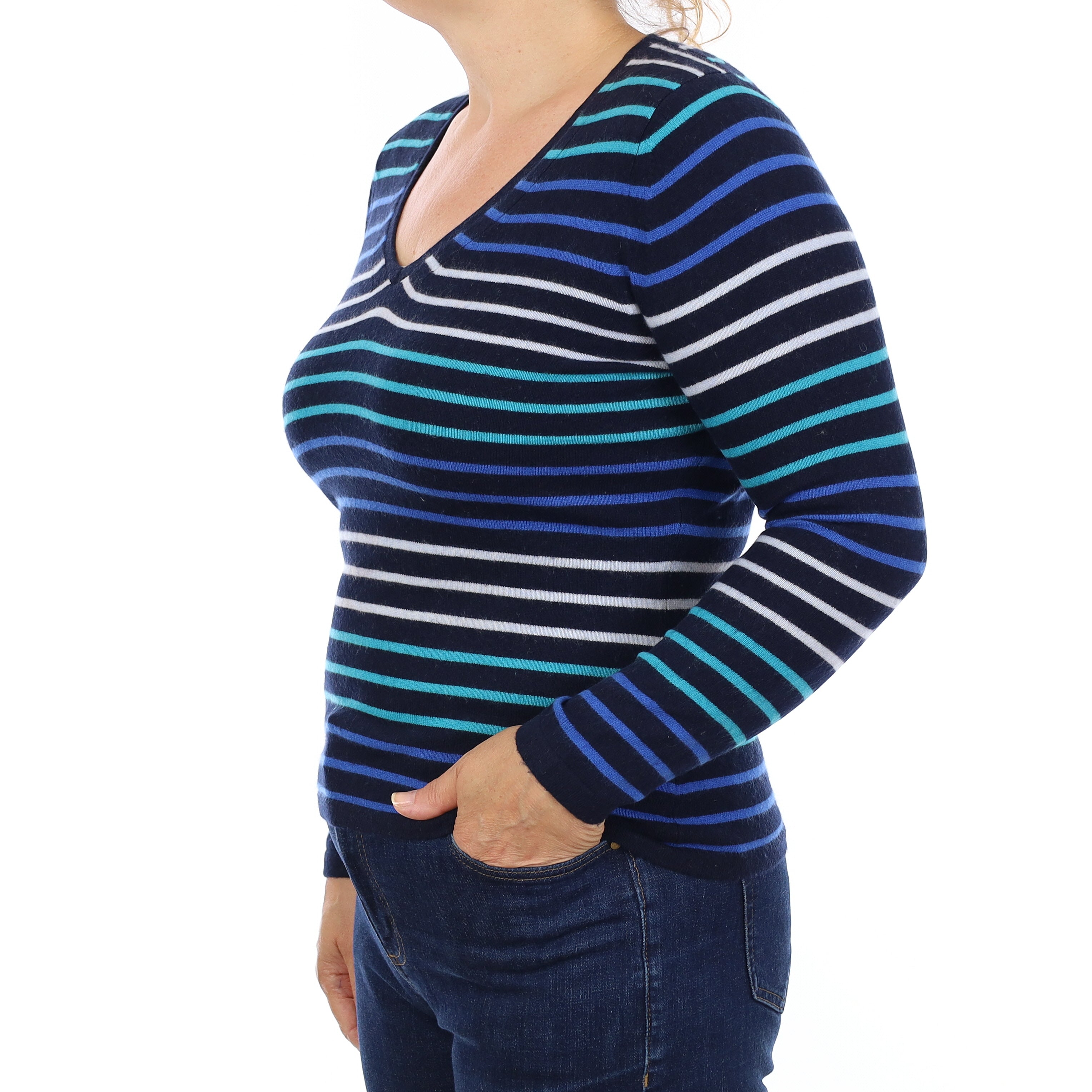 Navy Striped Cashmere V Neck Jumper Medium