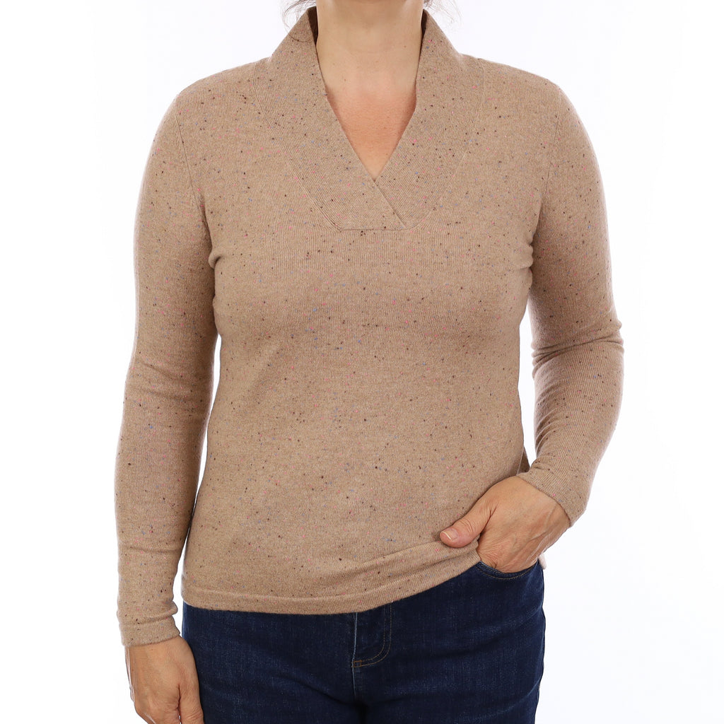 Caramel Spotted Cashmere V Neck Jumper Medium