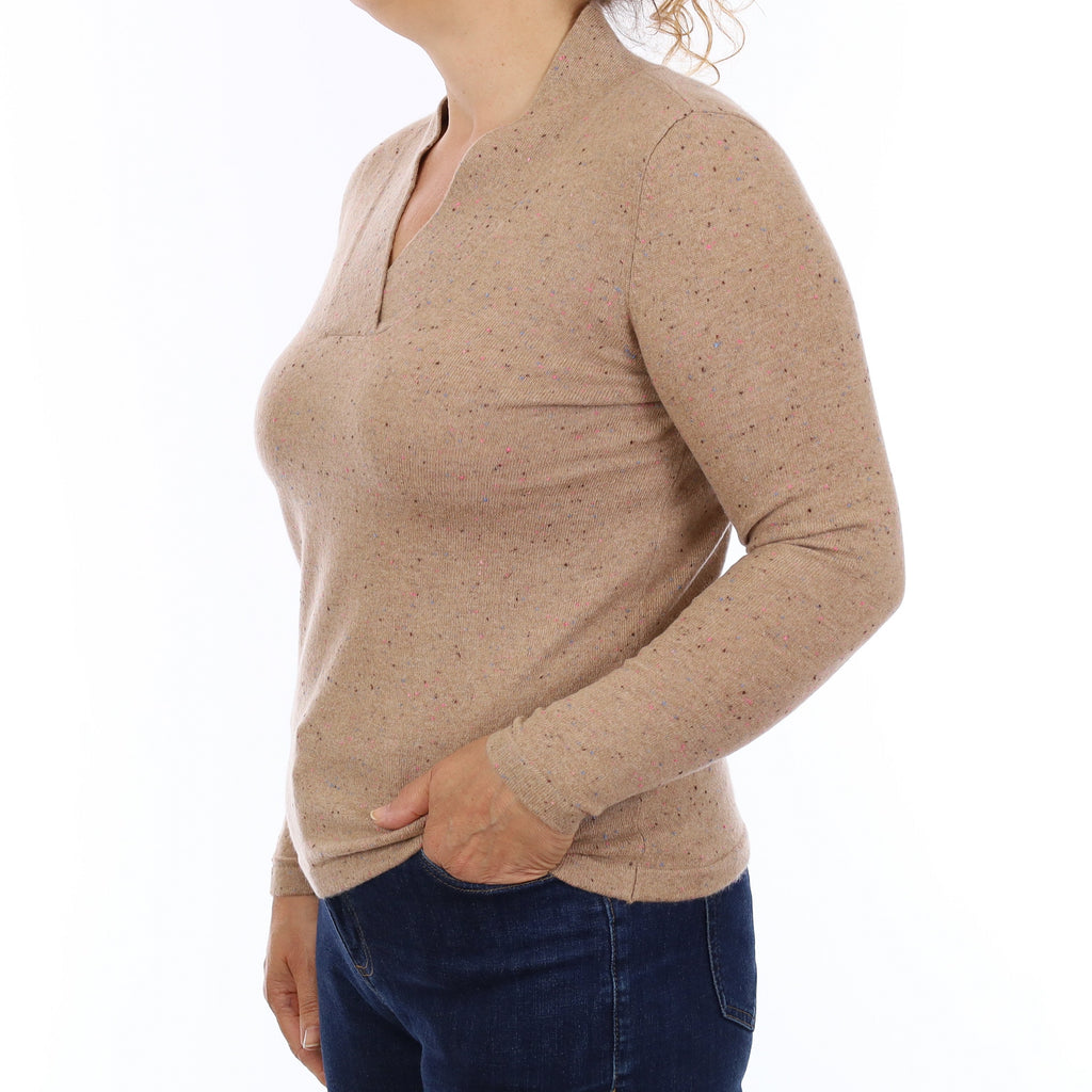 Caramel Spotted Cashmere V Neck Jumper Medium