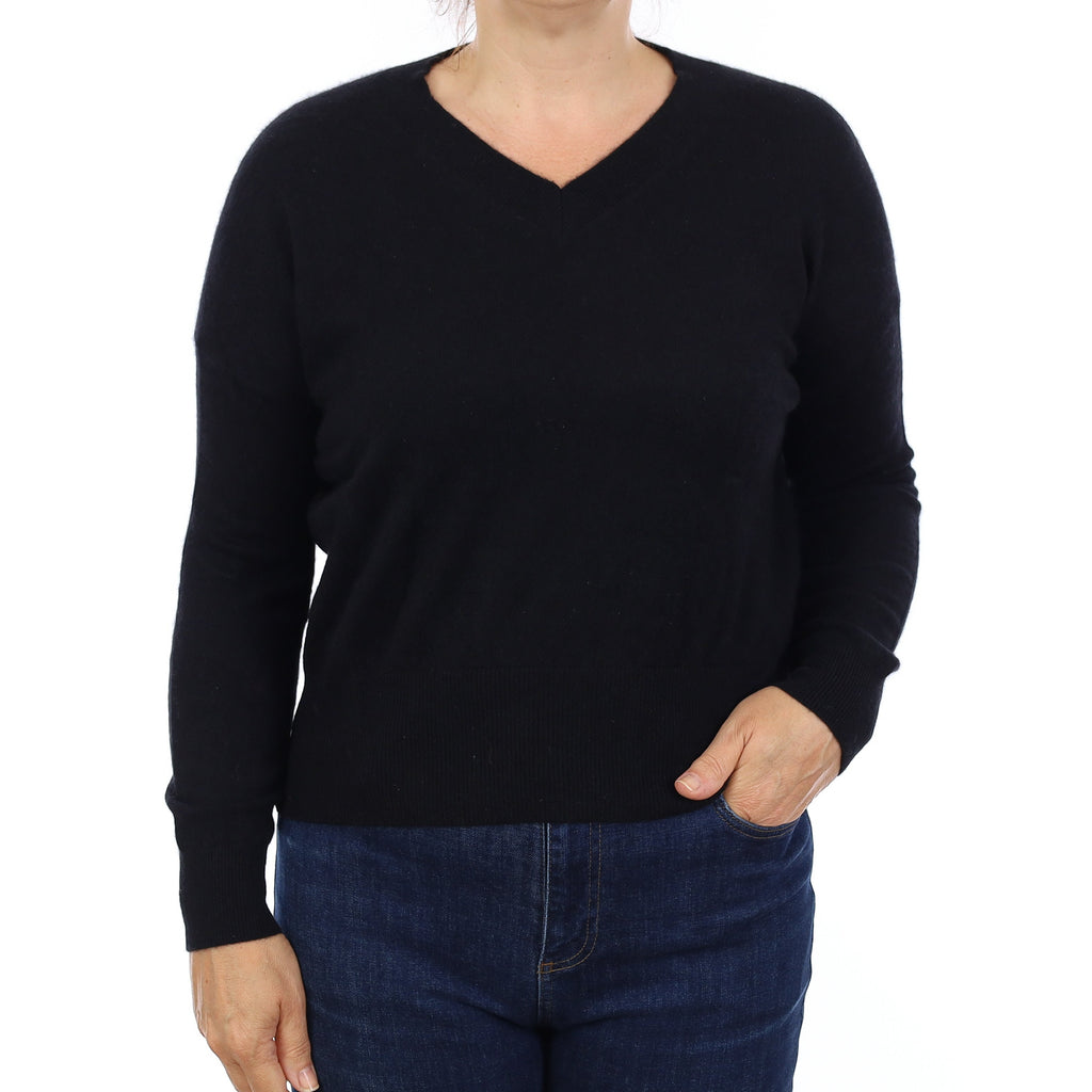 Black Cashmere Boxy V Neck Jumper Medium