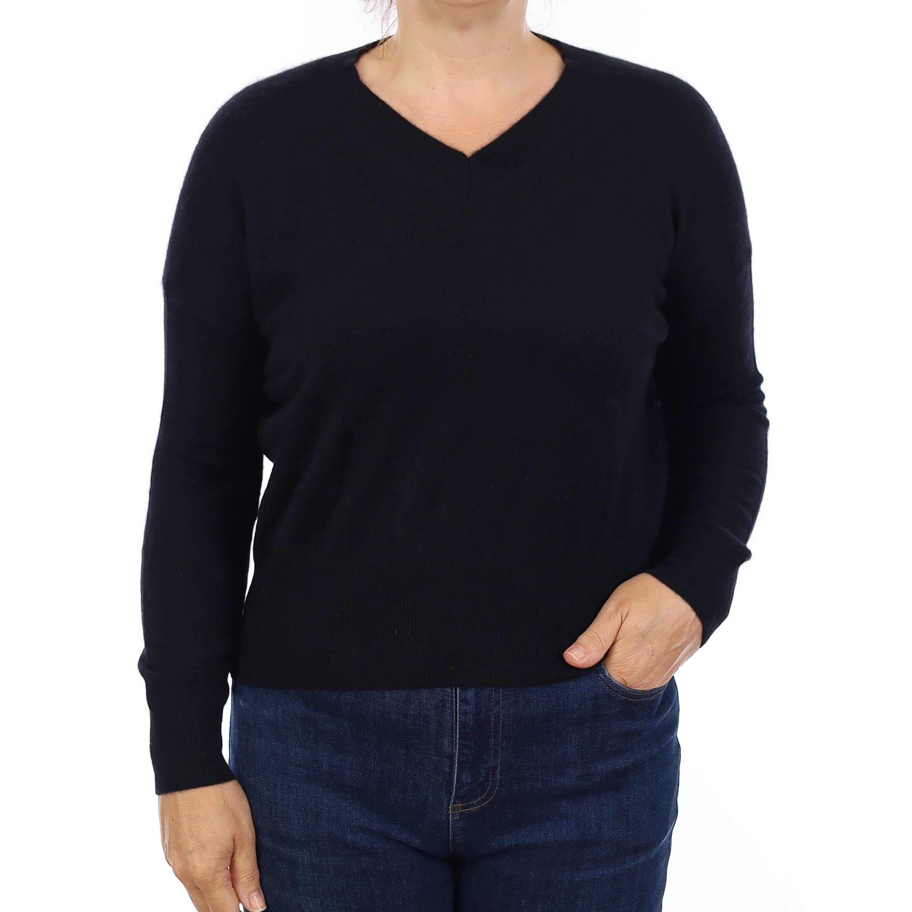 Black Cashmere Boxy V Neck Jumper Medium