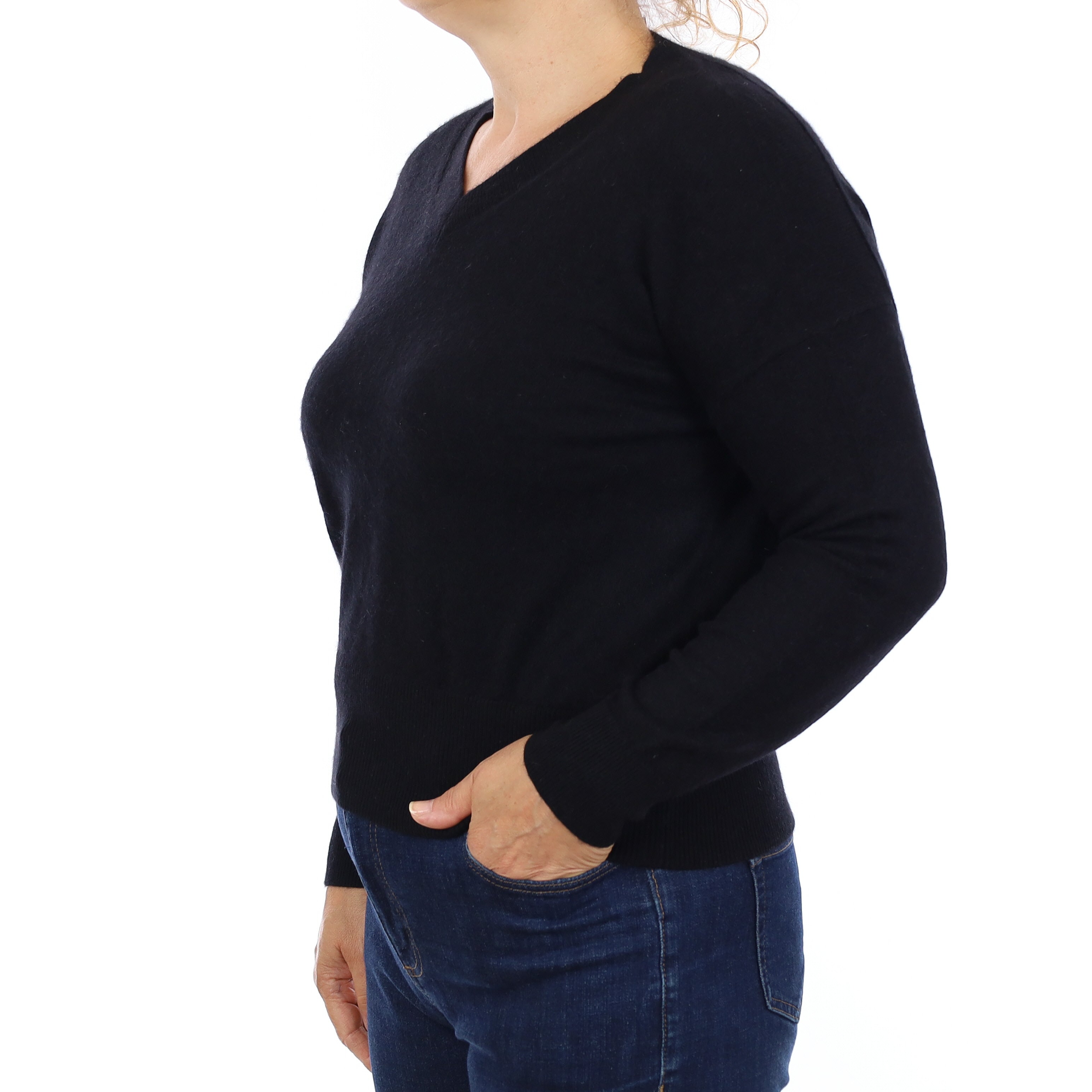 Black Cashmere Boxy V Neck Jumper Medium