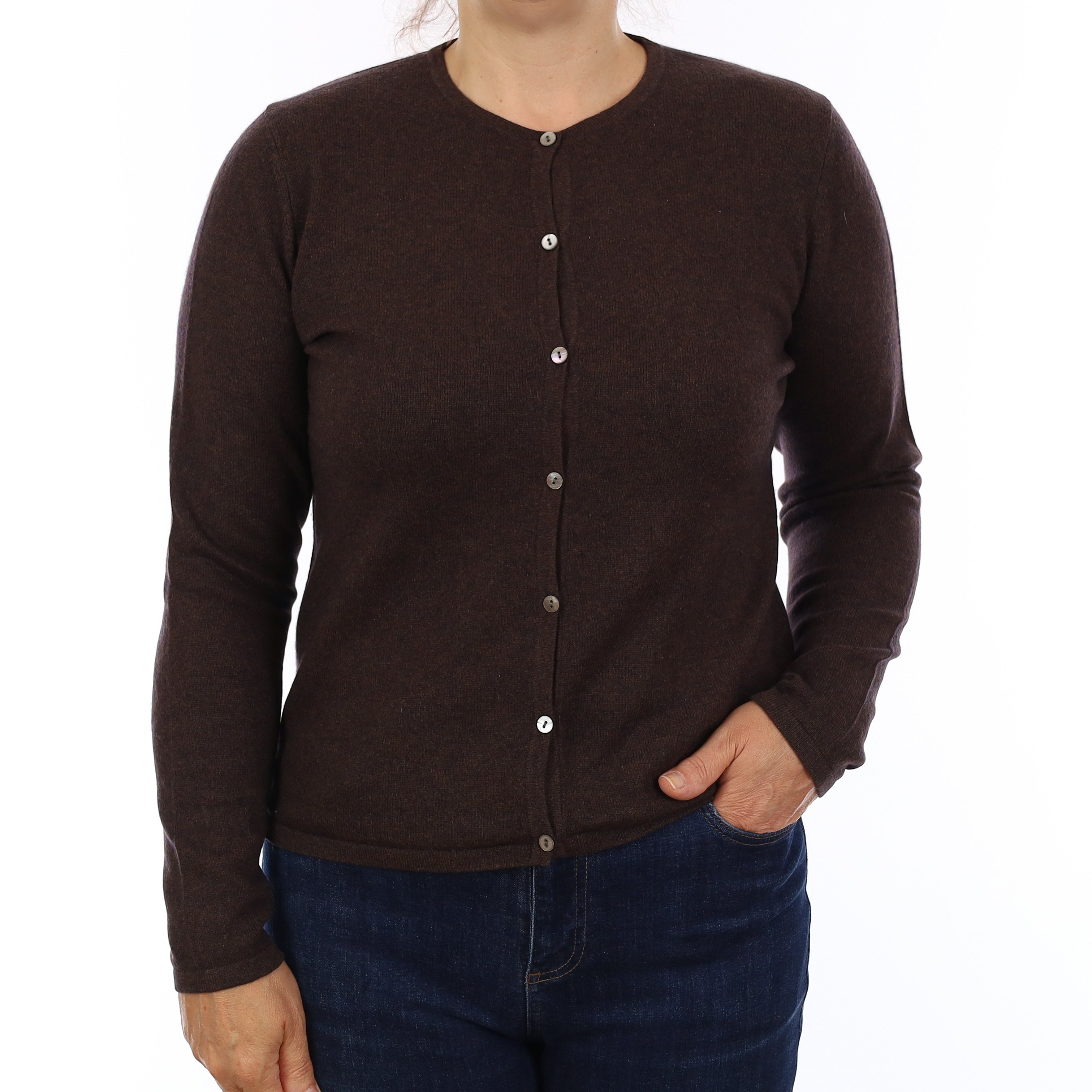Chocolate Brown Cashmere Crew Neck Cardigan Medium