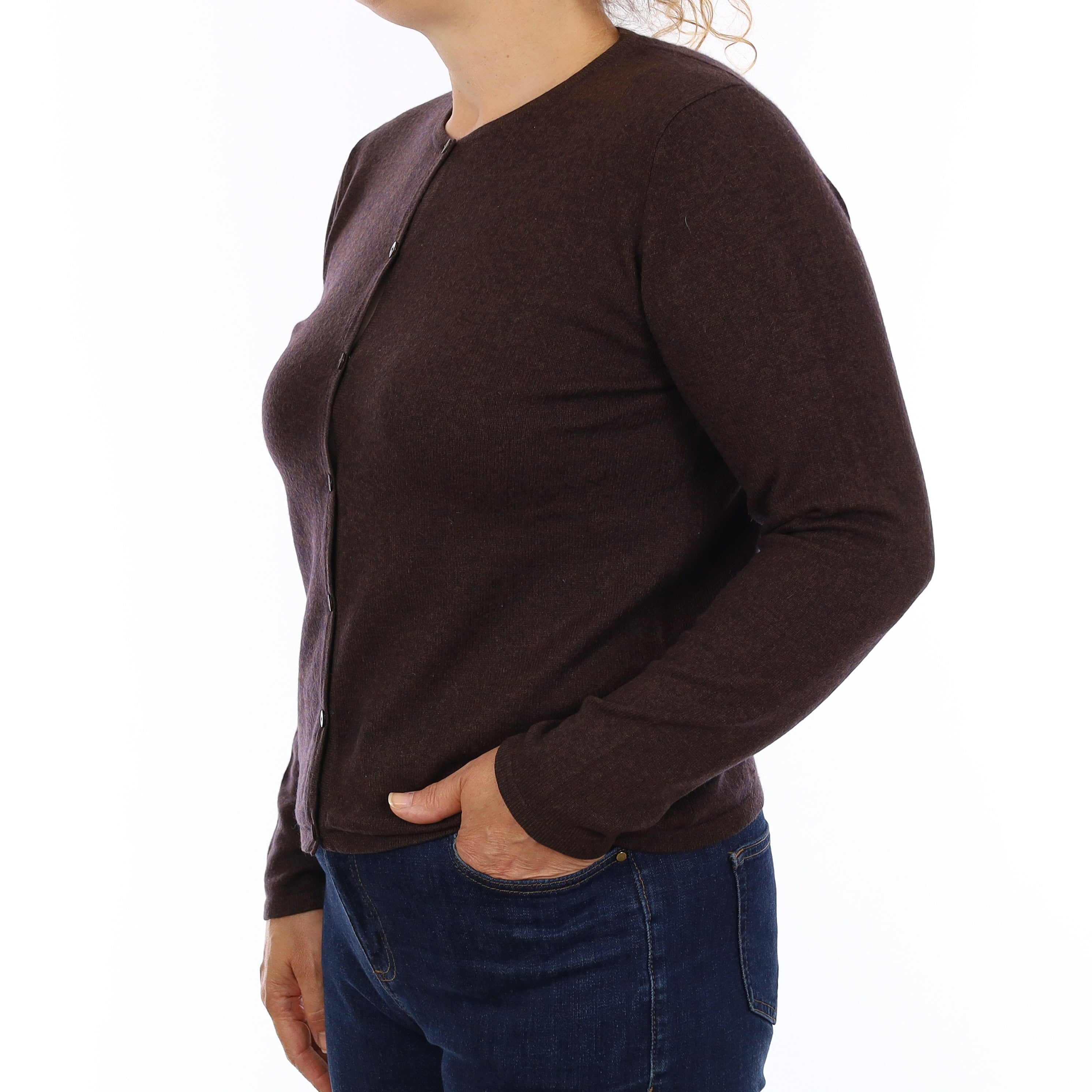 Chocolate Brown Cashmere Crew Neck Cardigan Medium