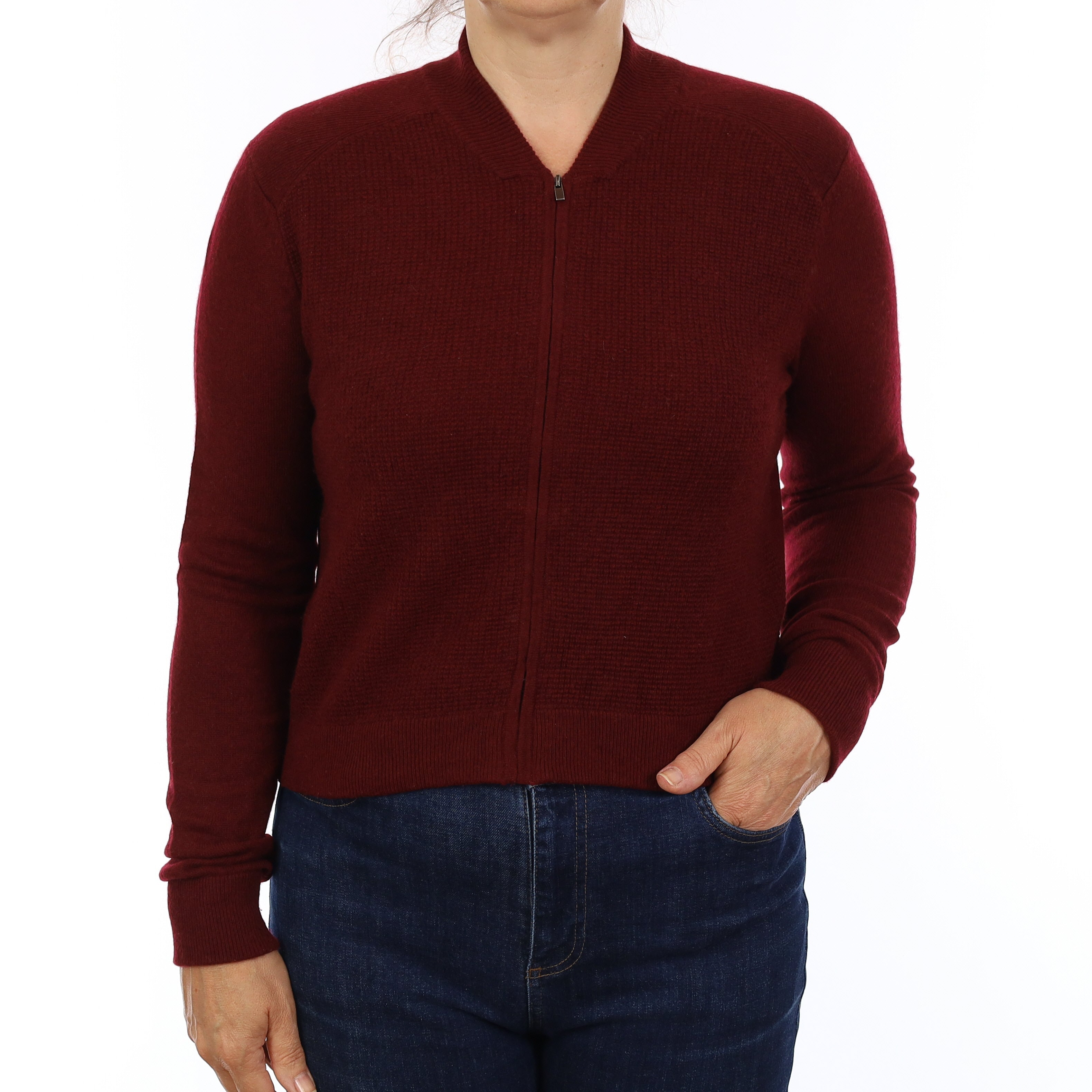 Burgundy Red Cashmere Crew Neck Zip Up Cardigan Medium