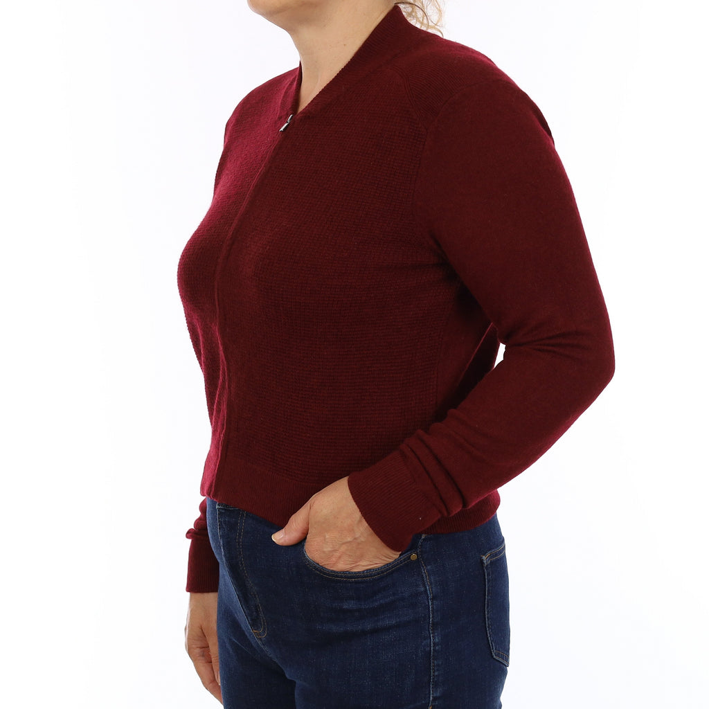 Burgundy Red Cashmere Crew Neck Zip Up Cardigan Medium