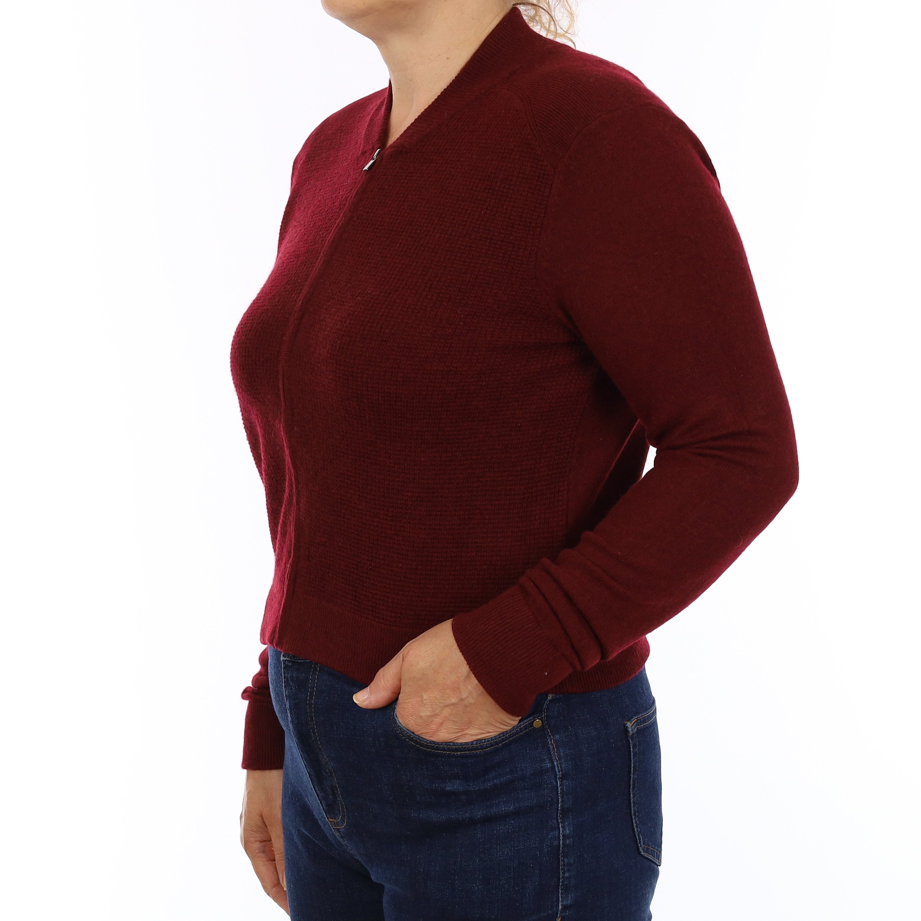 Burgundy Red Cashmere Crew Neck Zip Up Cardigan Medium