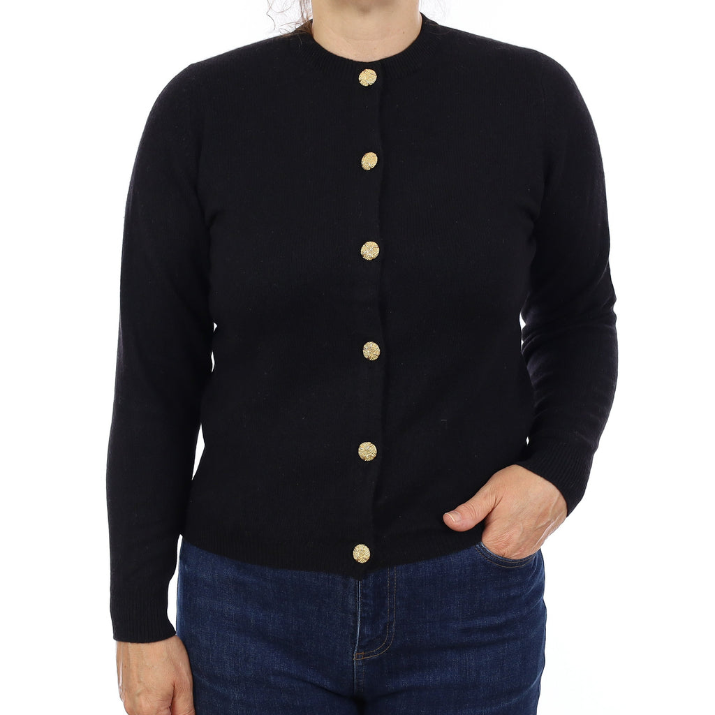 Black Scottish Heavy Knit Cashmere Crew Neck Cardigan Medium