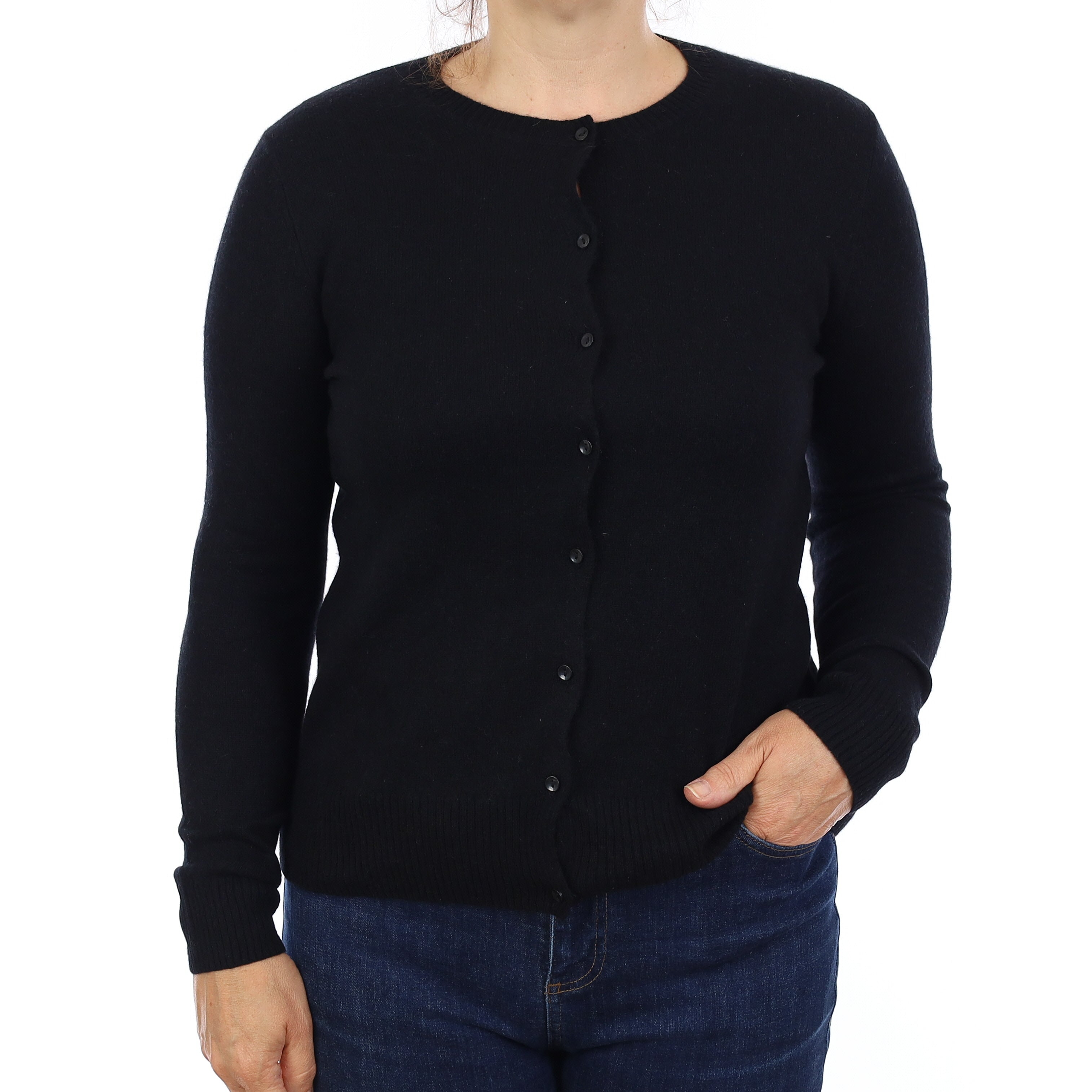 Black Cashmere Crew Neck Cardigan Medium