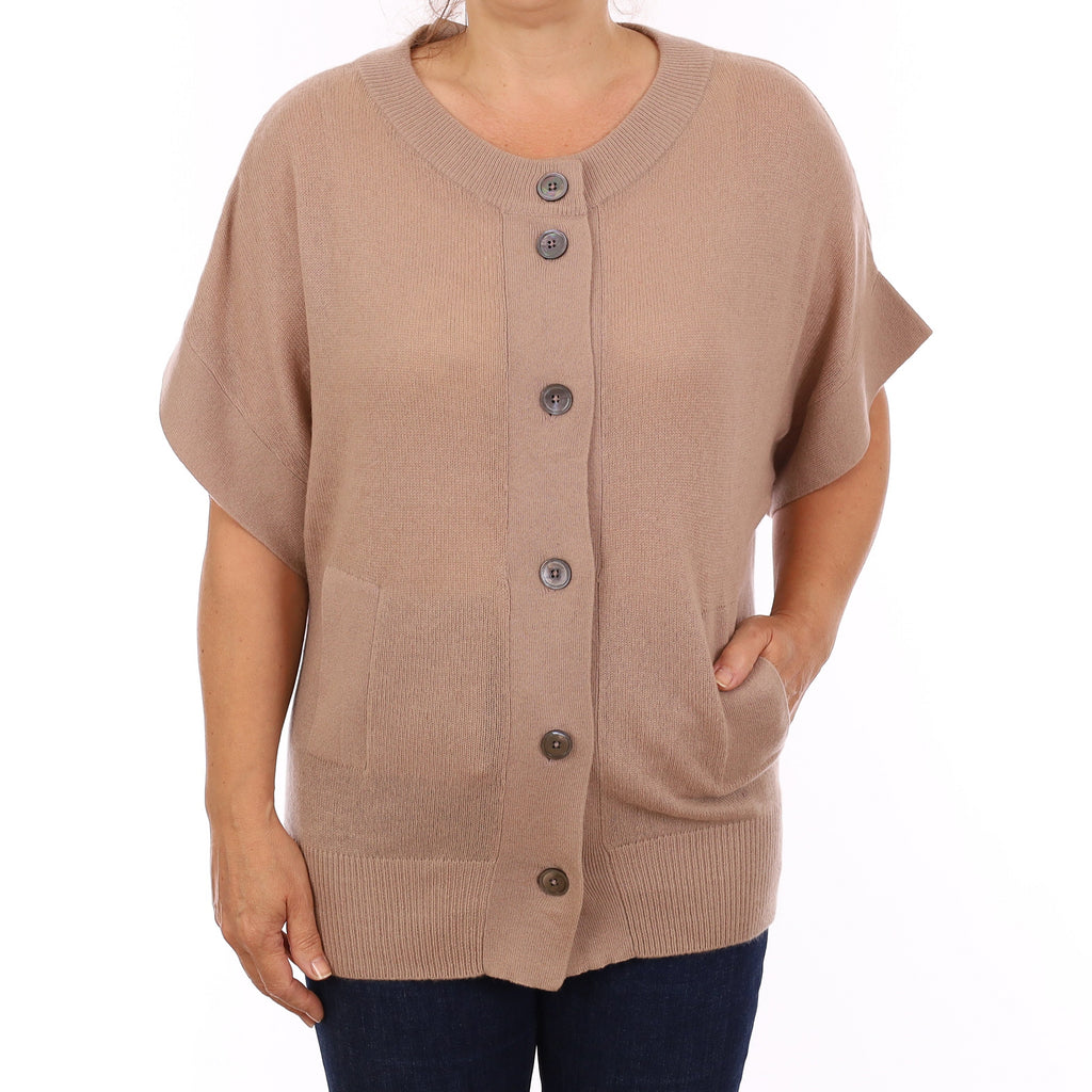 Toffee Brown Cashmere Short Sleeve Crew Neck Cardigan Medium