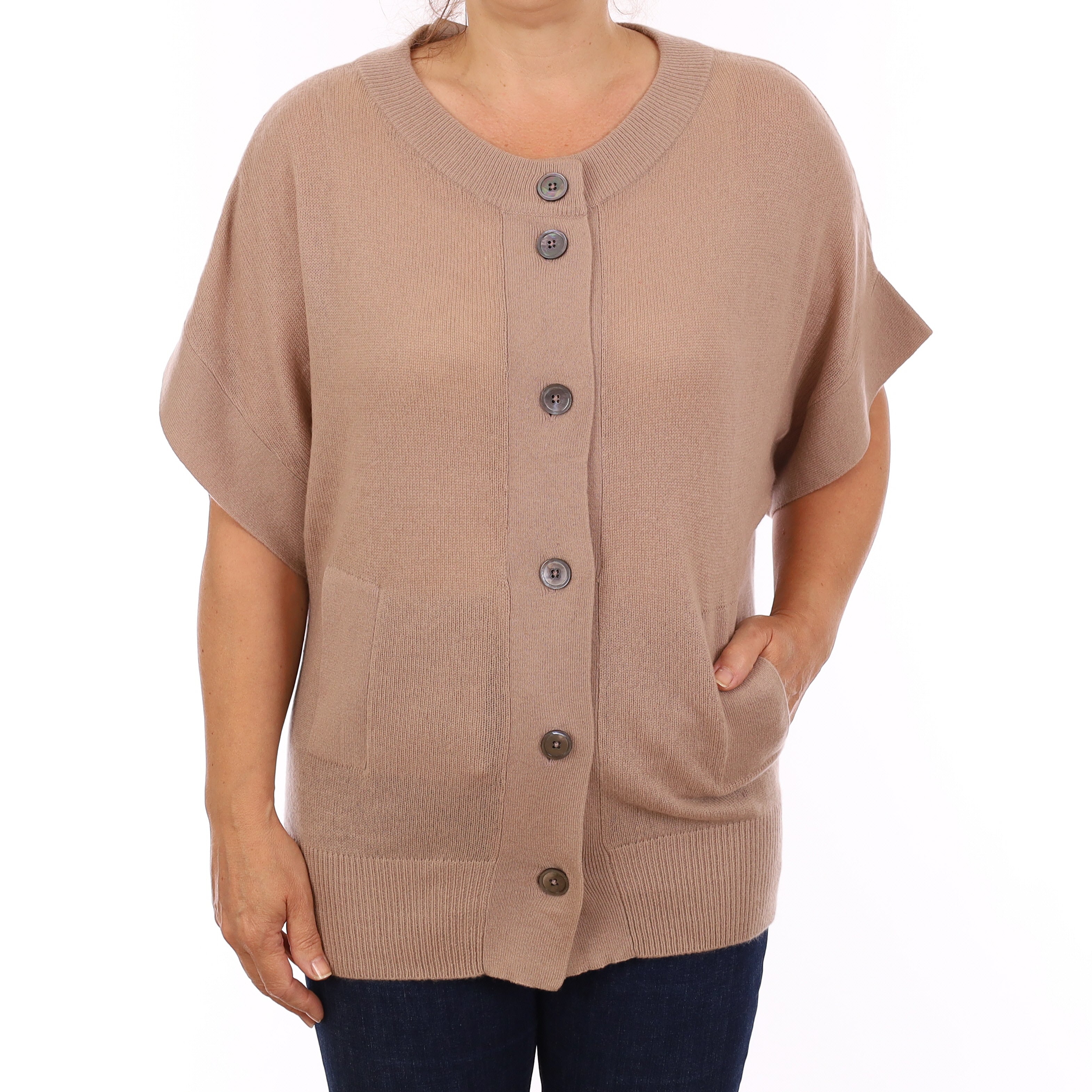 Toffee Brown Cashmere Short Sleeve Crew Neck Cardigan Medium