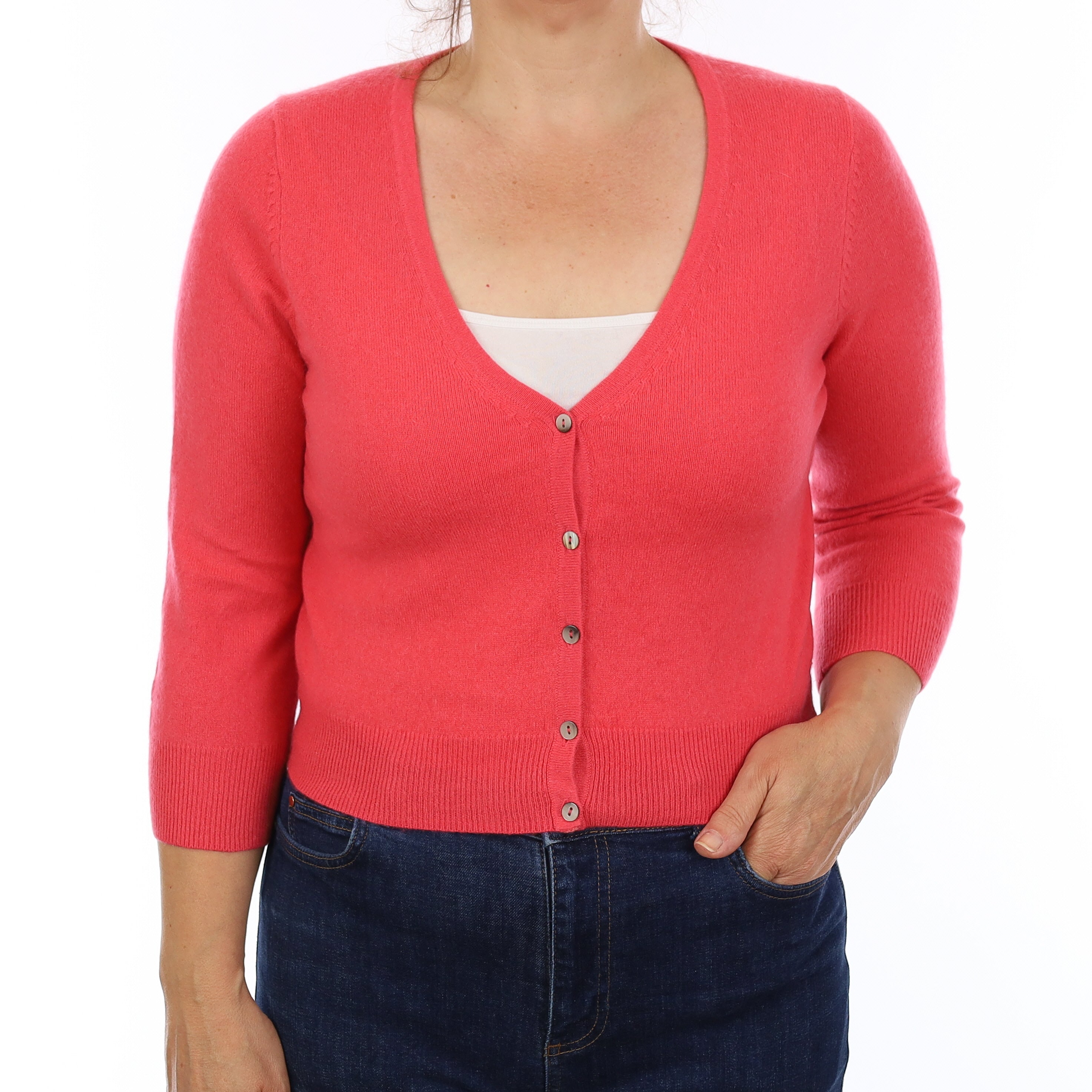 Coral Pink Cashmere Cropped V Neck Cardigan Medium