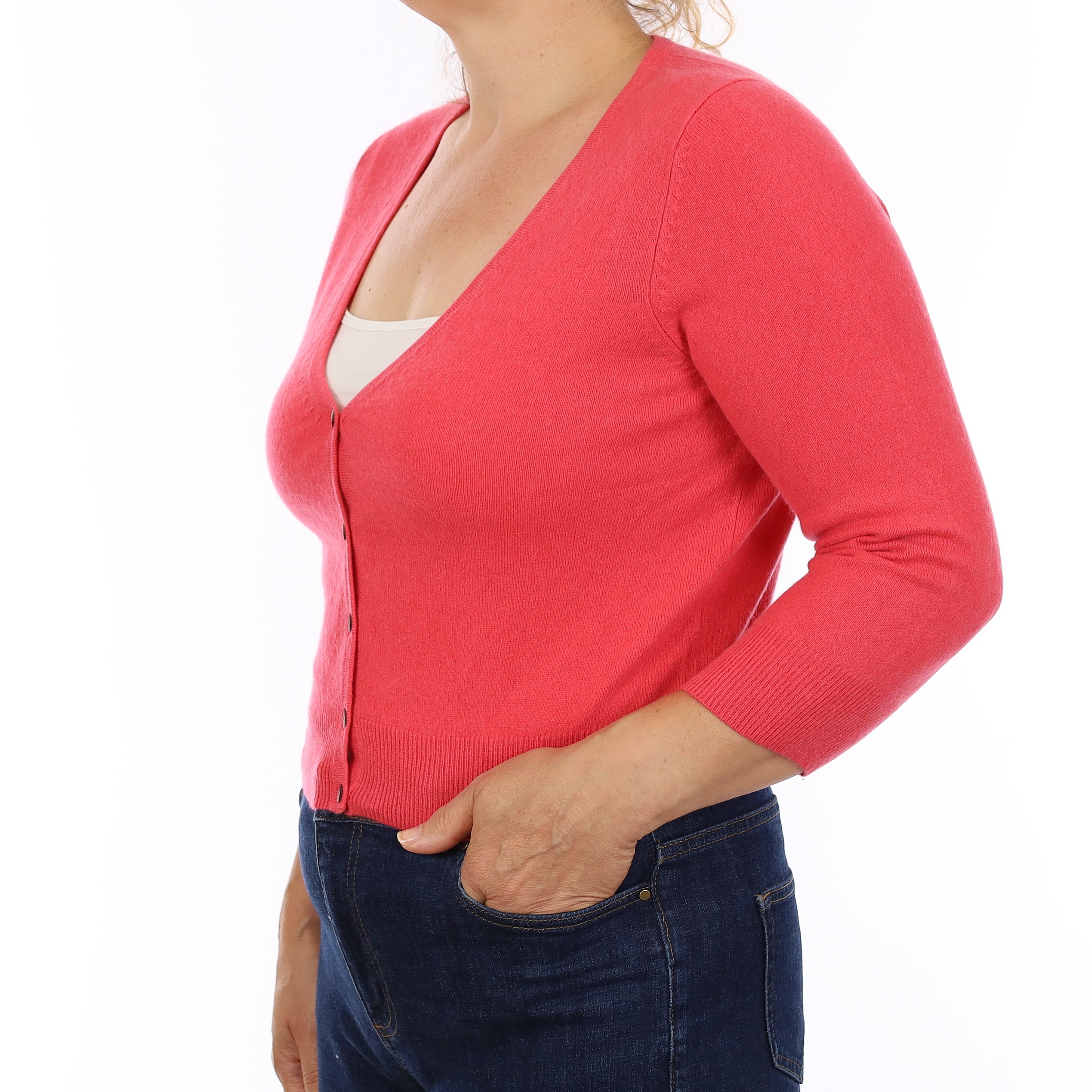 Coral Pink Cashmere Cropped V Neck Cardigan Medium