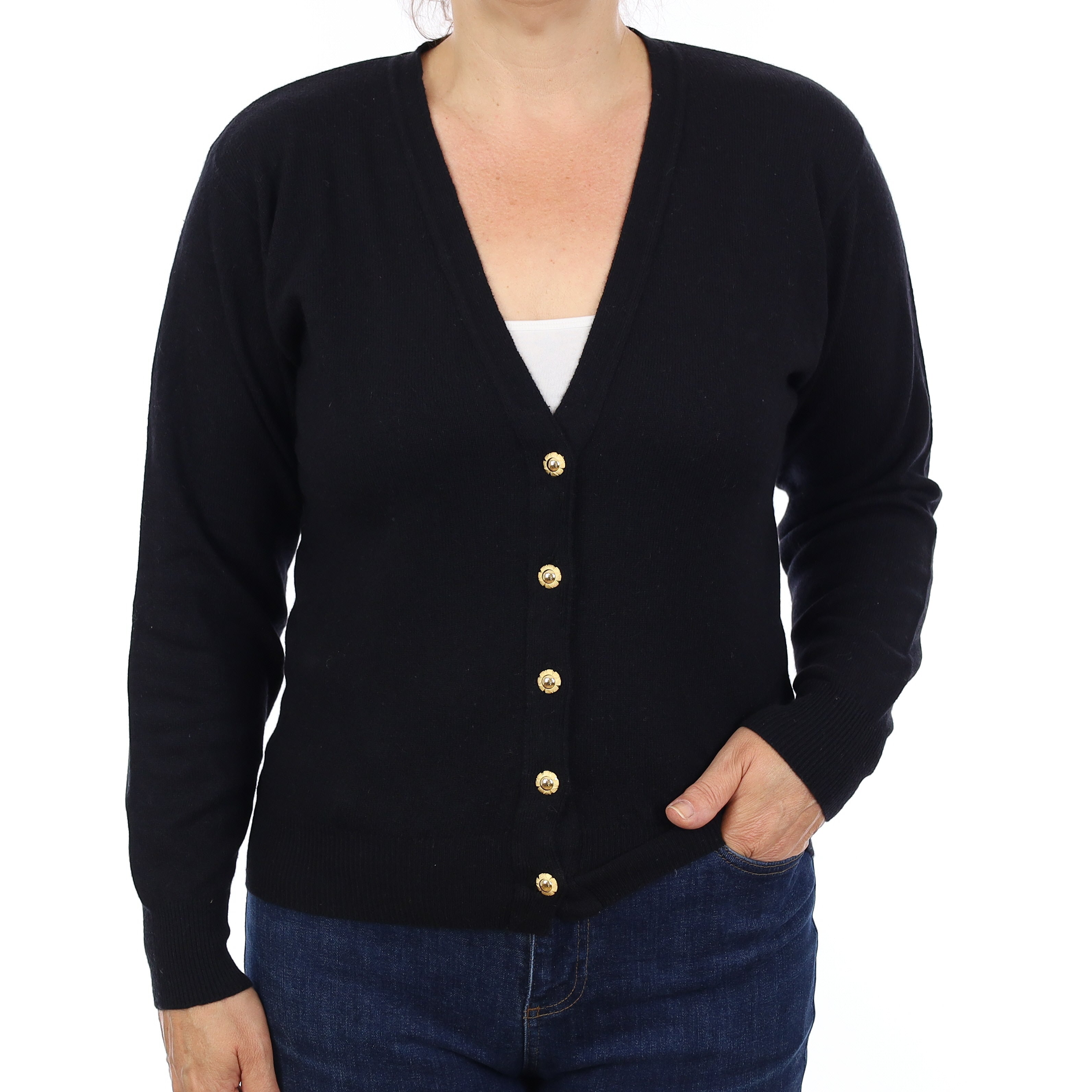 Black Cashmere V Neck Cardigan Medium