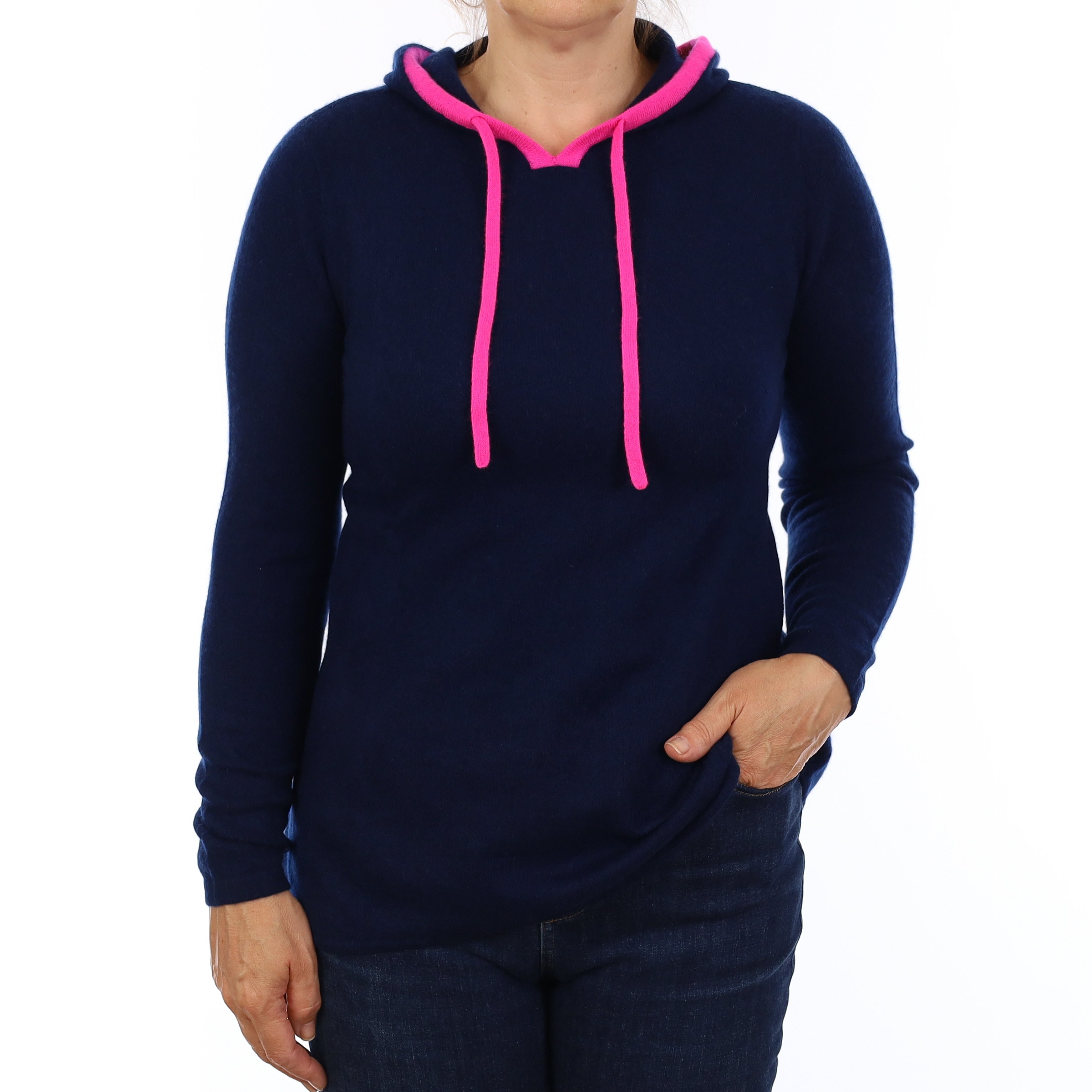 Navy & Hot Pink Cashmere Hoodie Jumper Medium