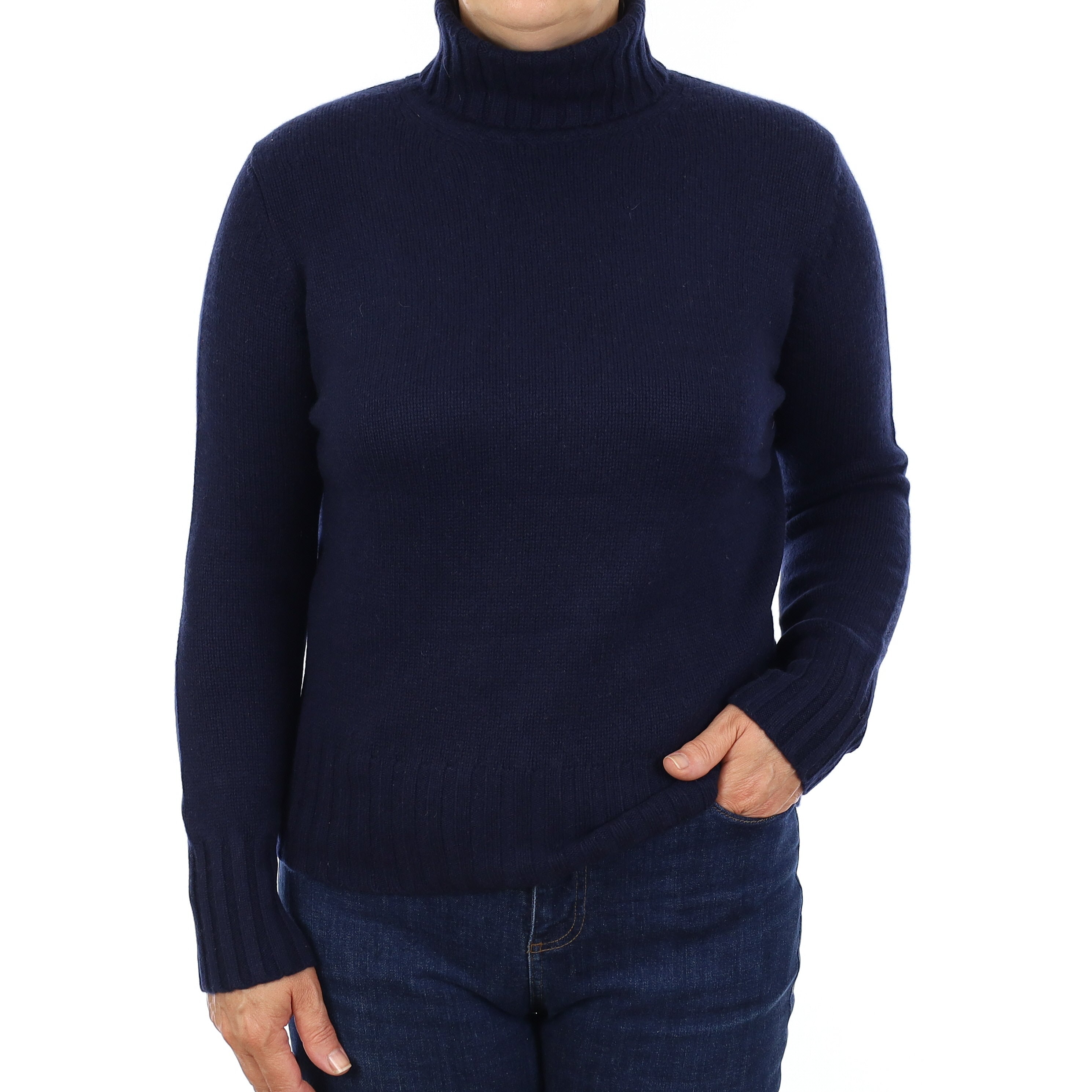 Dark Navy Chunky Knit Cashmere Polo Neck Jumper Medium