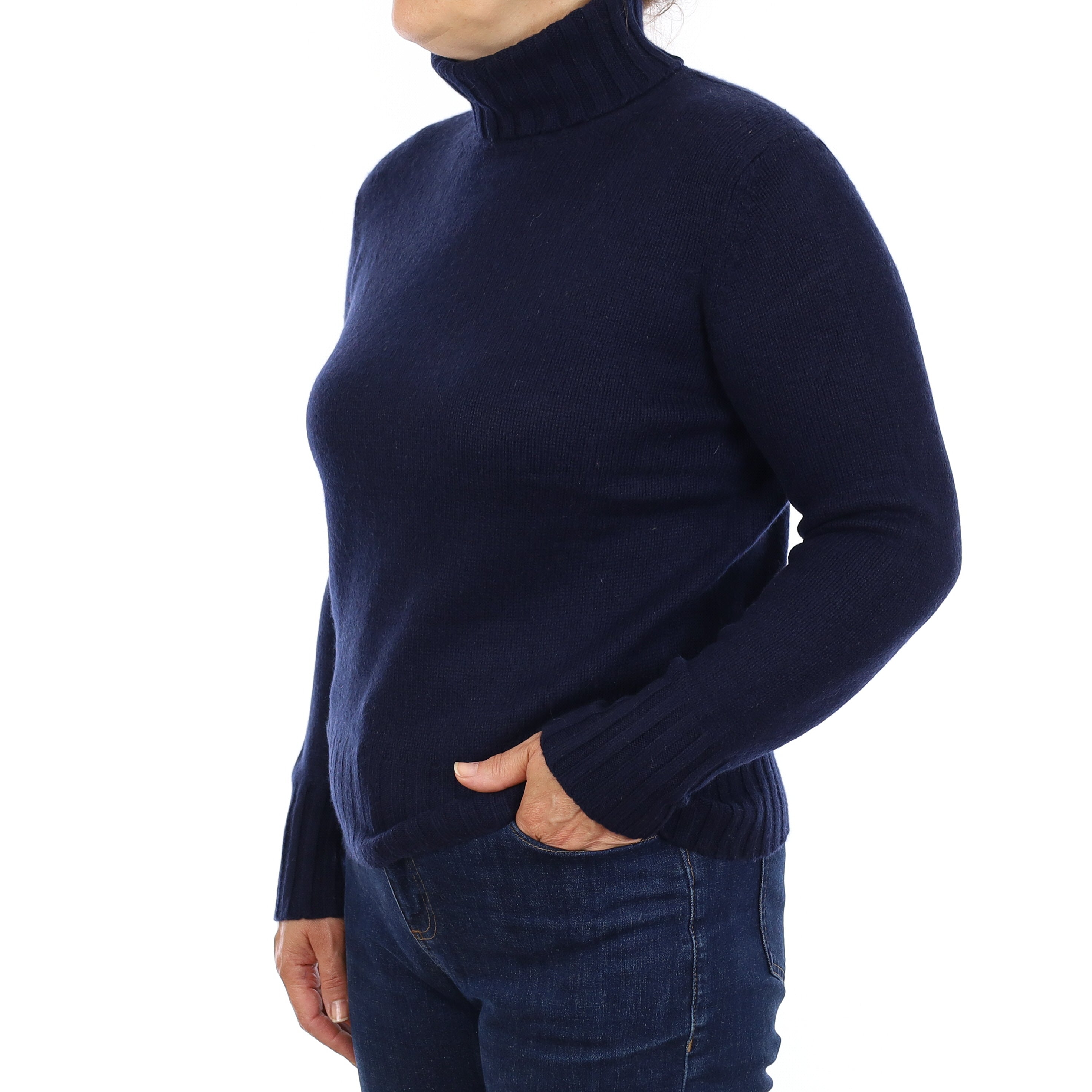 Dark Navy Chunky Knit Cashmere Polo Neck Jumper Medium