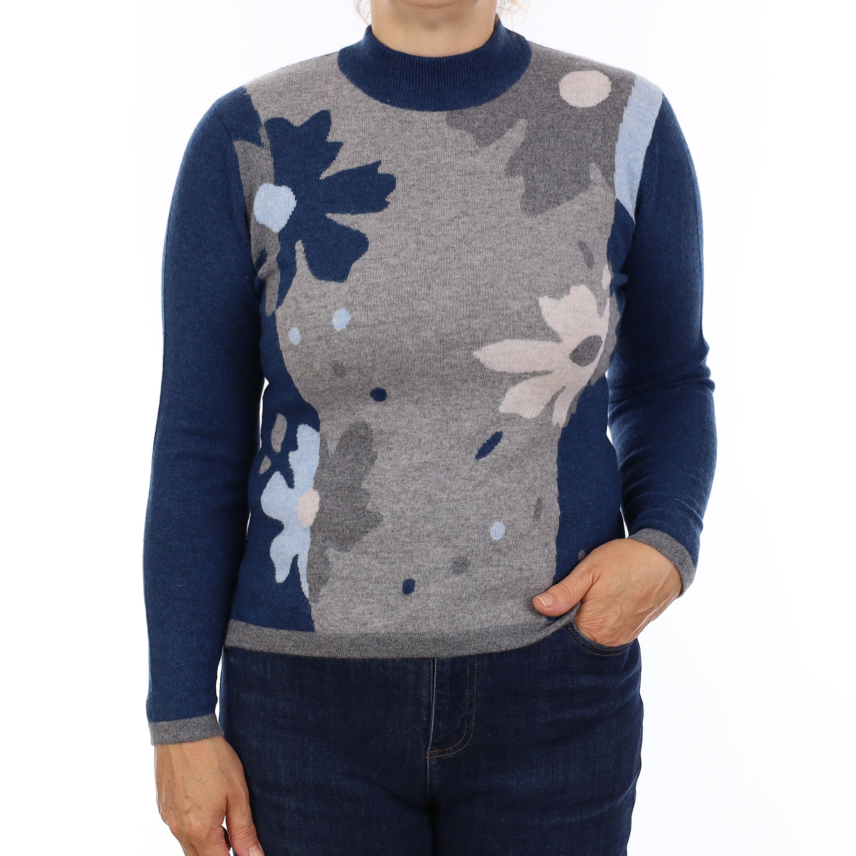 Blue & Grey Floral Cashmere Turtleneck Jumper Medium