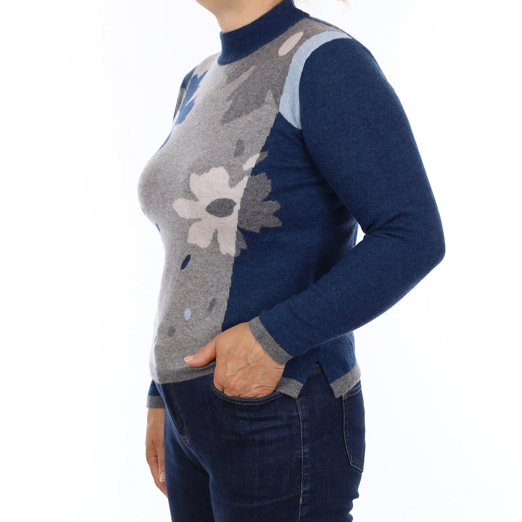 Blue & Grey Floral Cashmere Turtleneck Jumper Medium