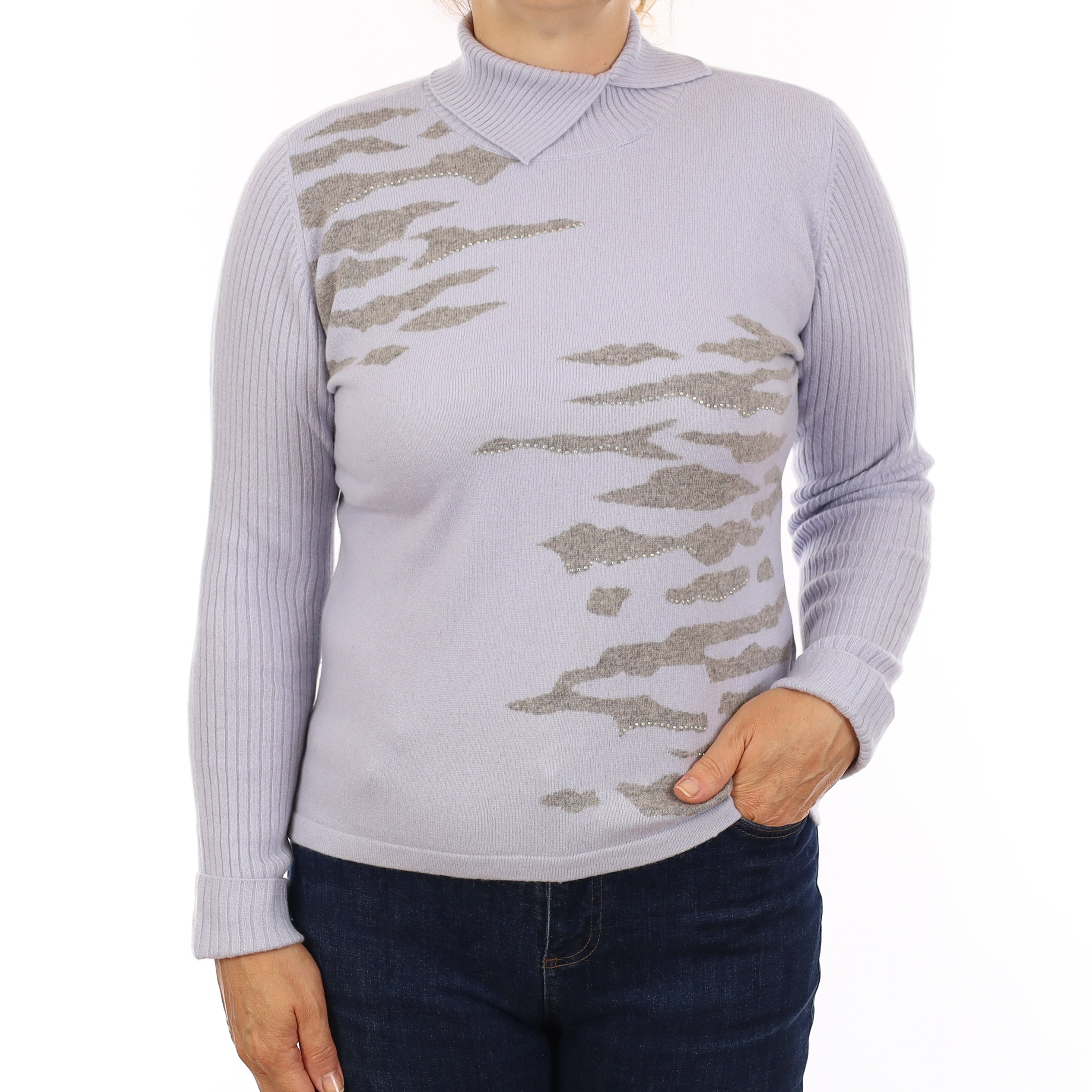 Baby Blue & Smoke Grey Patterned Cashmere Polo Neck Jumper Medium