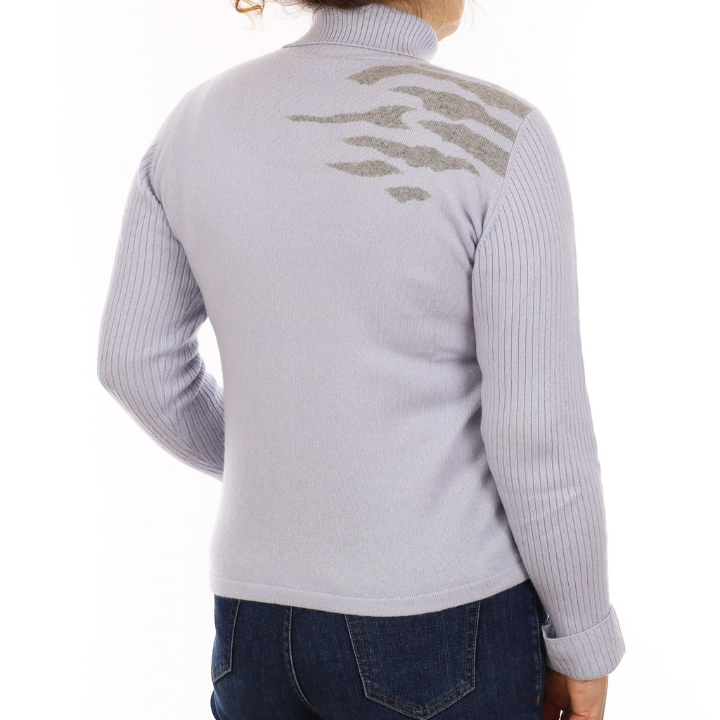 Baby Blue & Smoke Grey Patterned Cashmere Polo Neck Jumper Medium