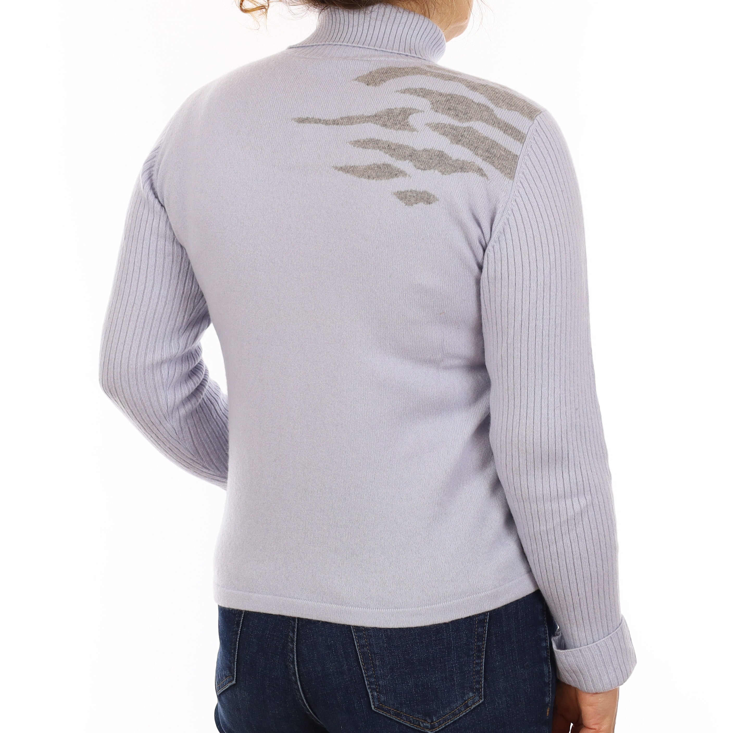 Baby Blue & Smoke Grey Patterned Cashmere Polo Neck Jumper Medium