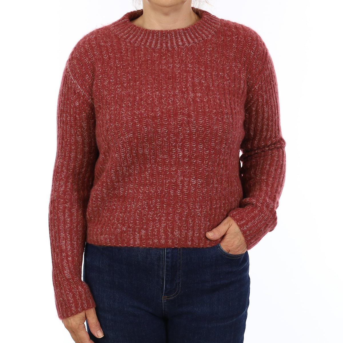 Garnet Red & Ivory Chunky Knit Cashmere Boxy Cropped Crew Neck Jumper Medium