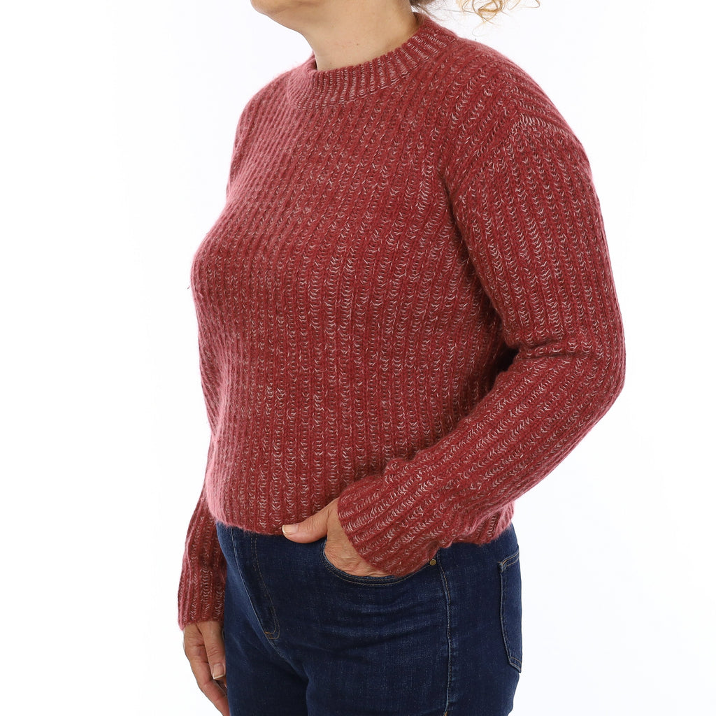 Garnet Red & Ivory Chunky Knit Cashmere Boxy Cropped Crew Neck Jumper Medium