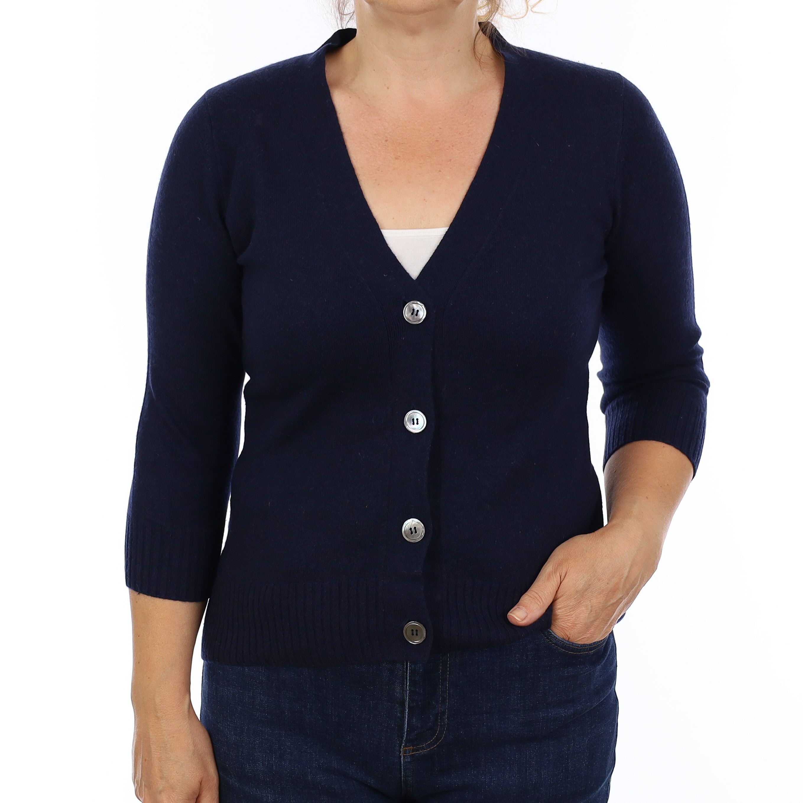 Navy Cashmere 3/4 Sleeve V Neck Cardigan Medium