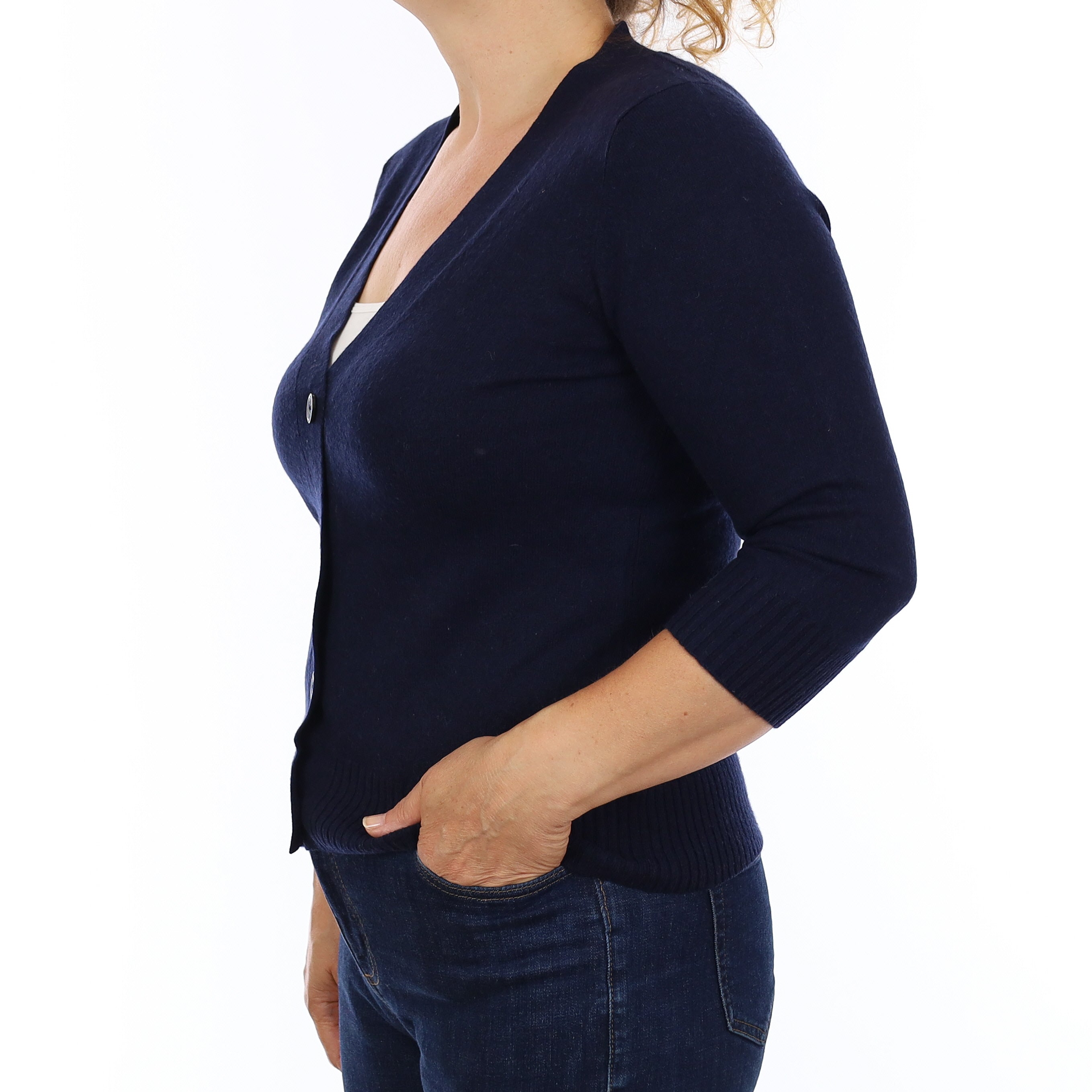 Navy Cashmere 3/4 Sleeve V Neck Cardigan Medium