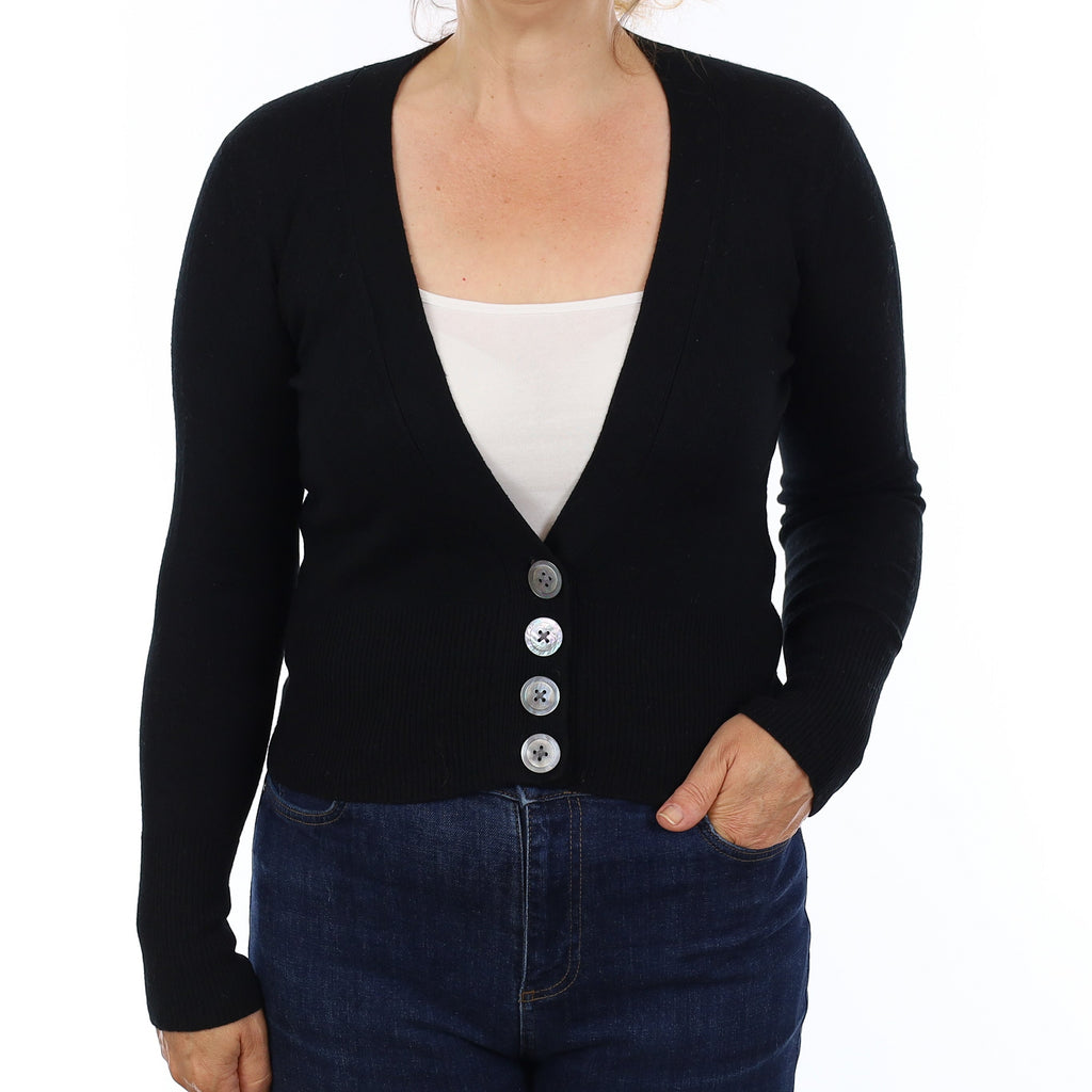Black Cashmere Deep V Neck Cardigan Medium