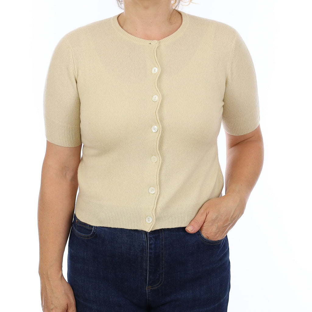 Sand Yellow Cashmere Crew Neck Short Sleeve Cardigan Medium