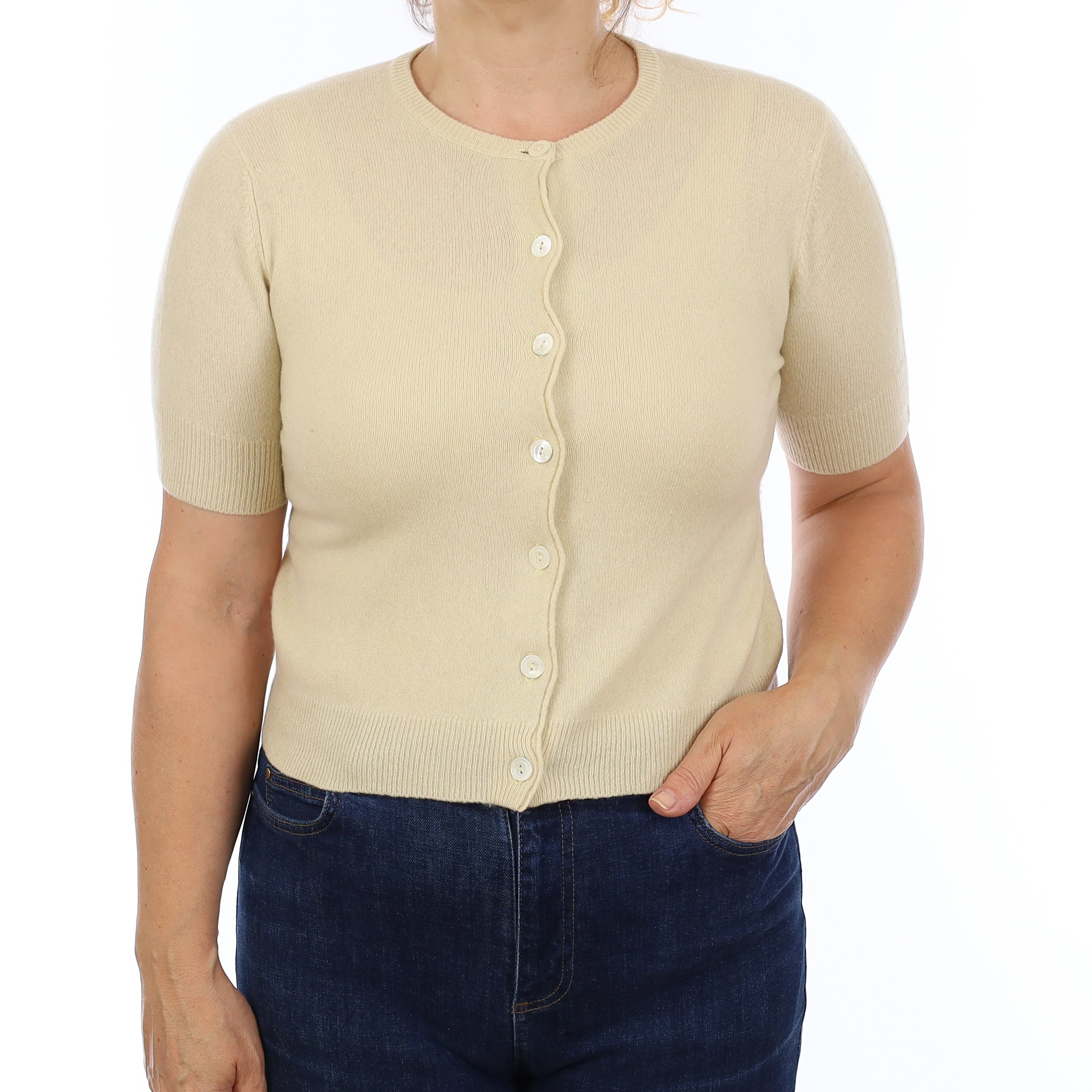 Sand Yellow Cashmere Crew Neck Short Sleeve Cardigan Medium