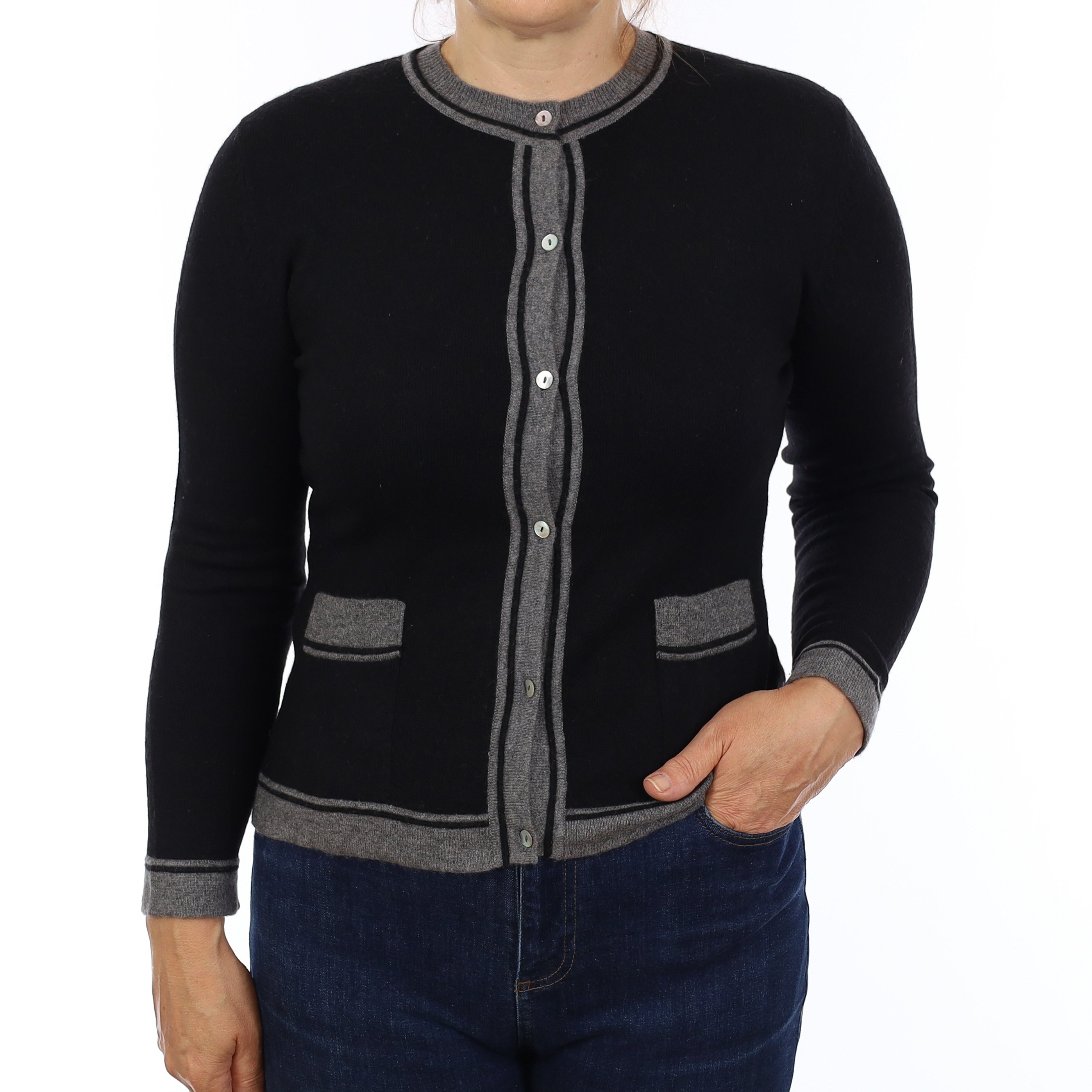 Black & Smoke Grey Cashmere Crew Neck Cardigan Medium