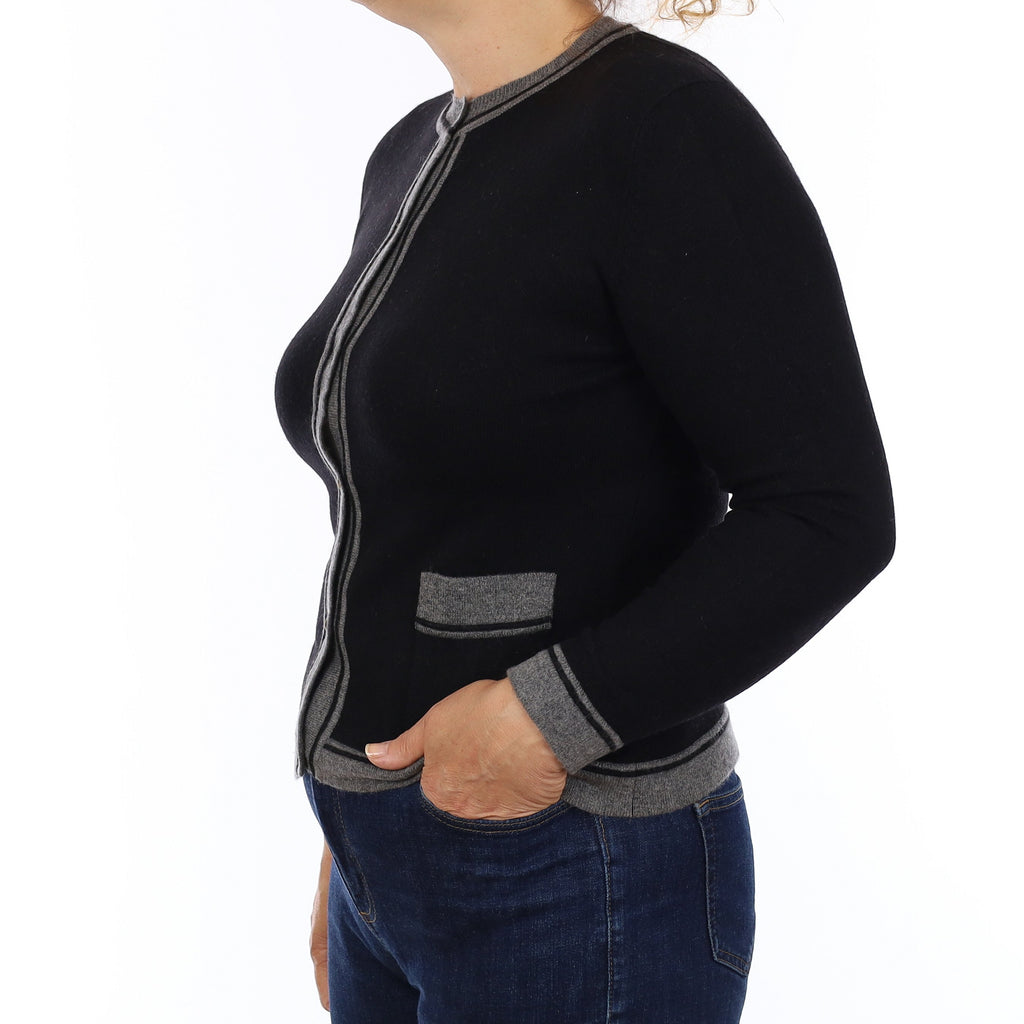 Black & Smoke Grey Cashmere Crew Neck Cardigan Medium