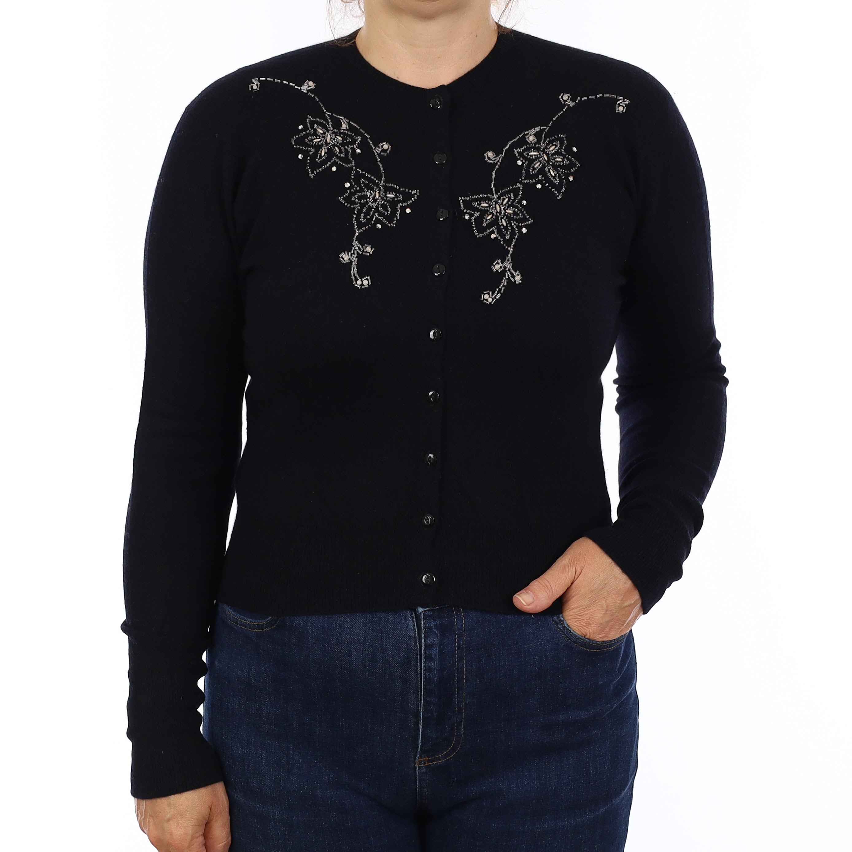 Pringle Black Floral Vintage Scottish Cashmere Crew Neck Cardigan Medium