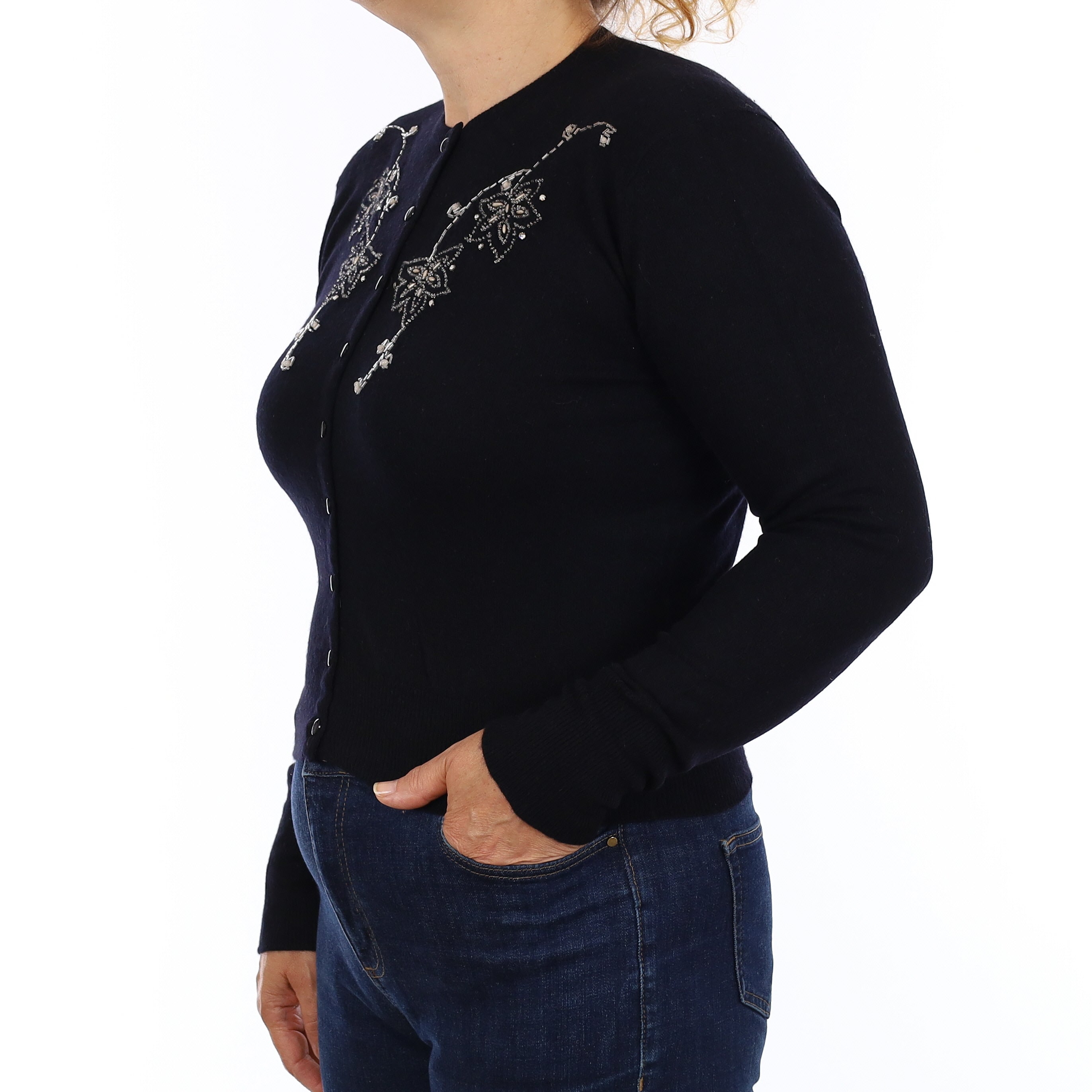 Pringle Black Floral Vintage Scottish Cashmere Crew Neck Cardigan Medium
