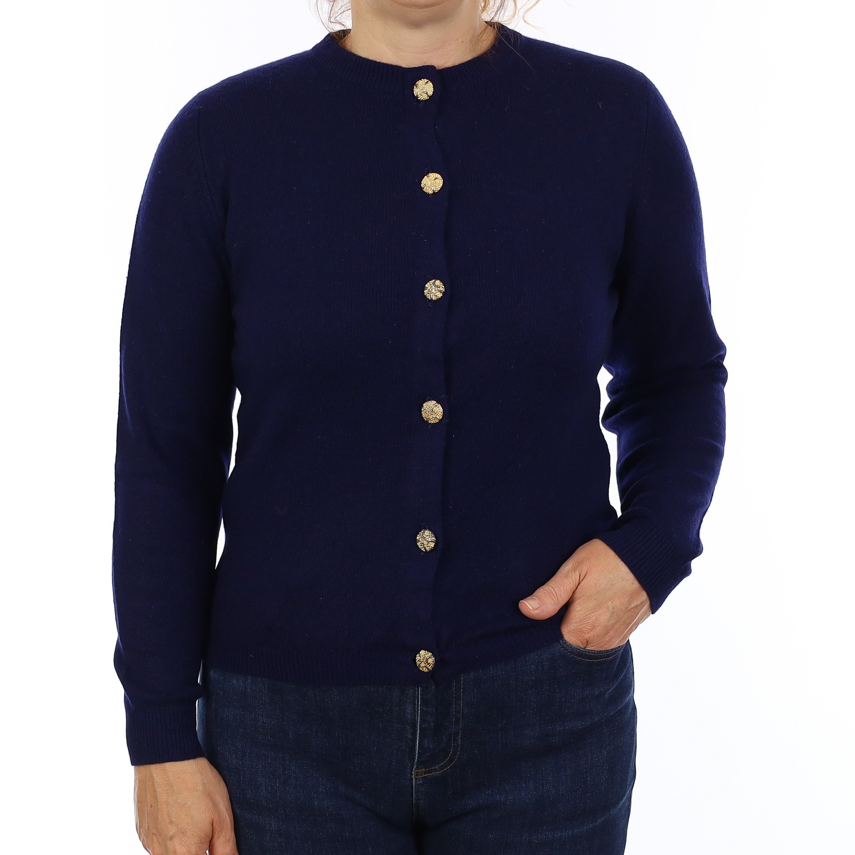 Navy Vintage Scottish Heavy Knit Cashmere Crew Neck Cardigan Medium