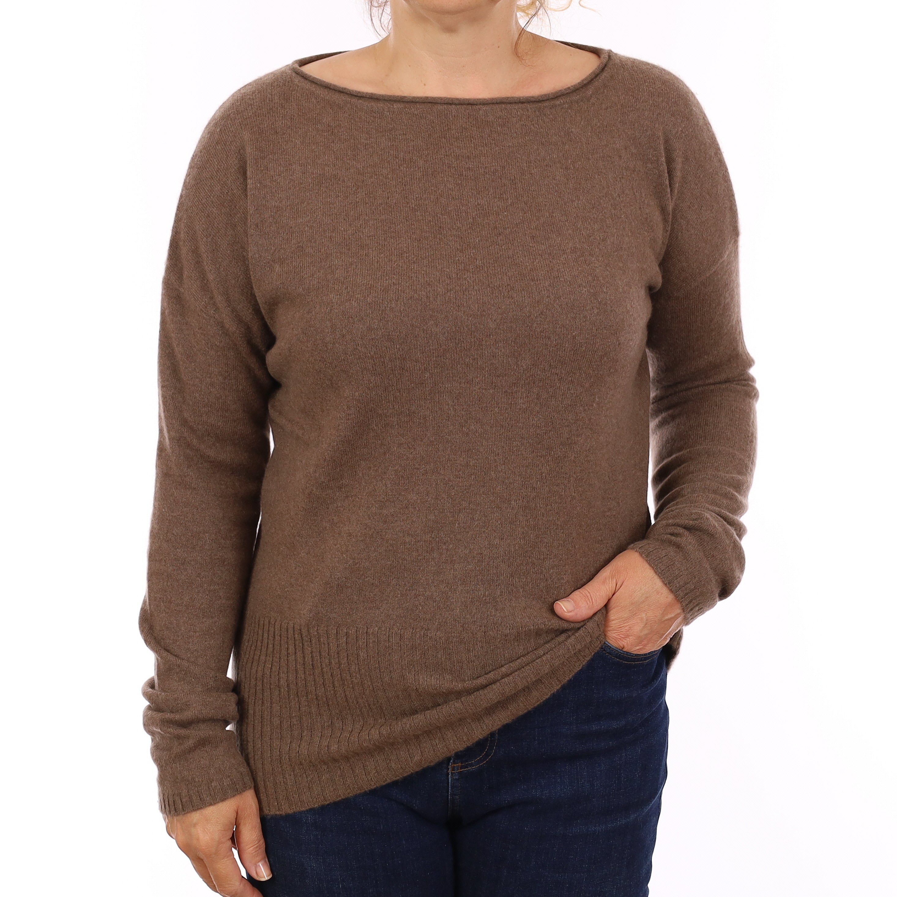 Coffee Brown Cashmere Boxy Boat Neck Jumper Medium