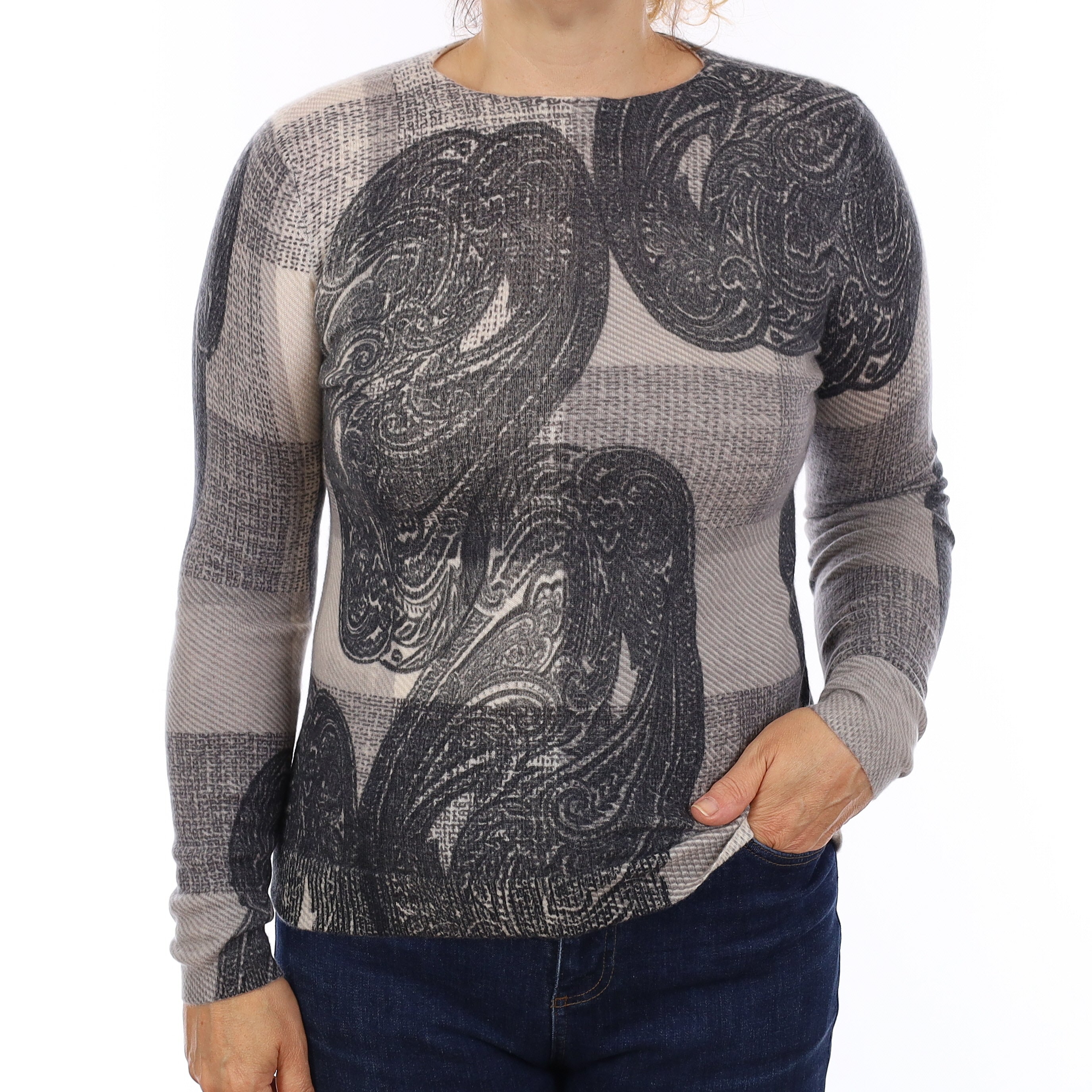 Grey Patterned Cashmere Crew Neck Jumper Medium