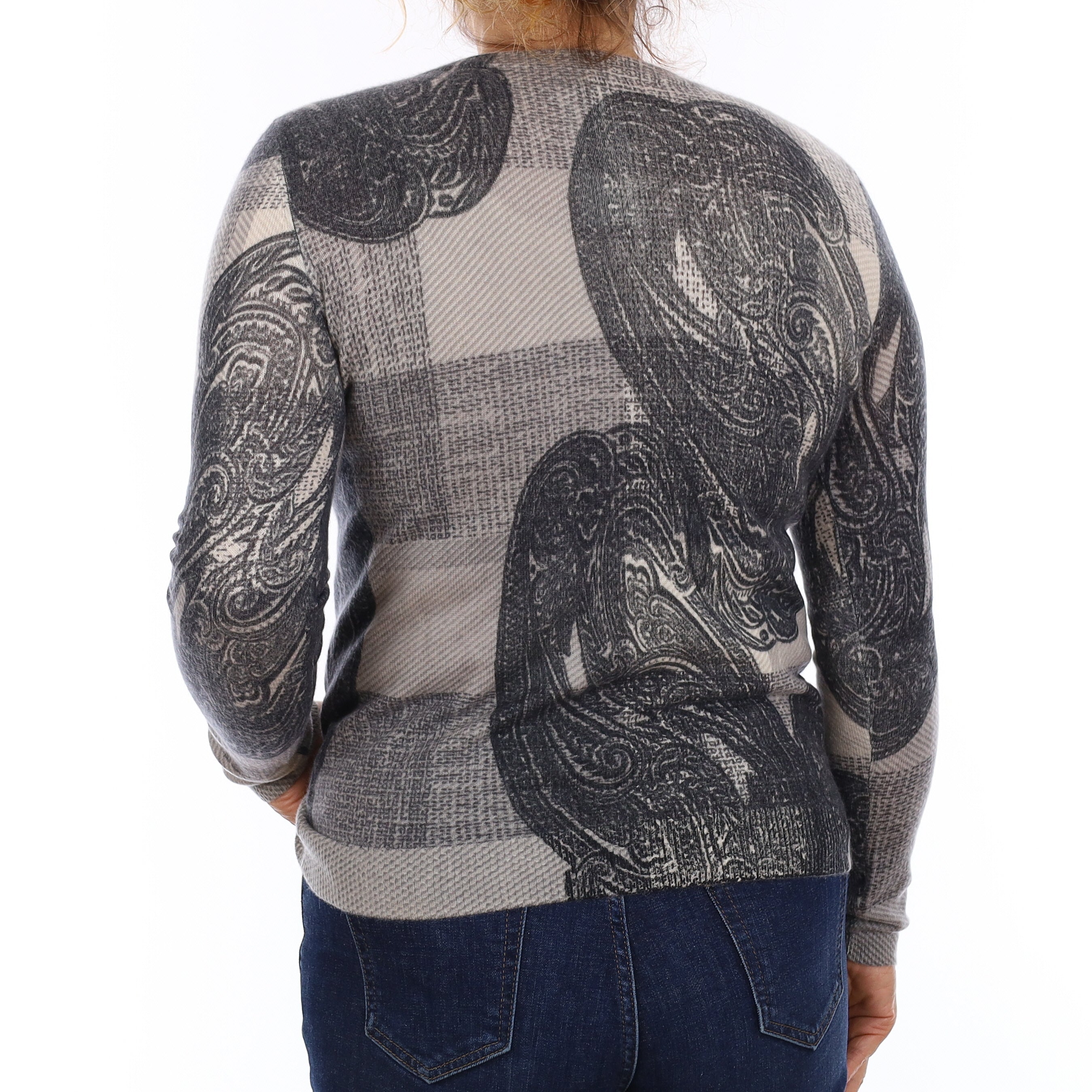 Grey Patterned Cashmere Crew Neck Jumper Medium