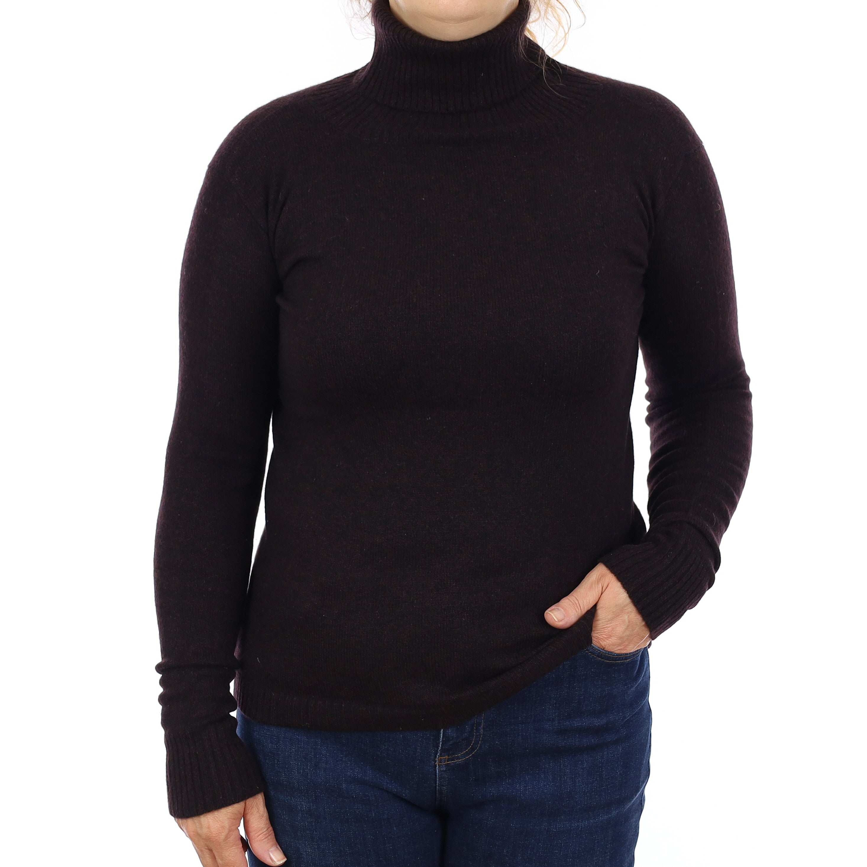 Black & Burgundy Marl Heavy Knit Cashmere Polo Neck Jumper Medium