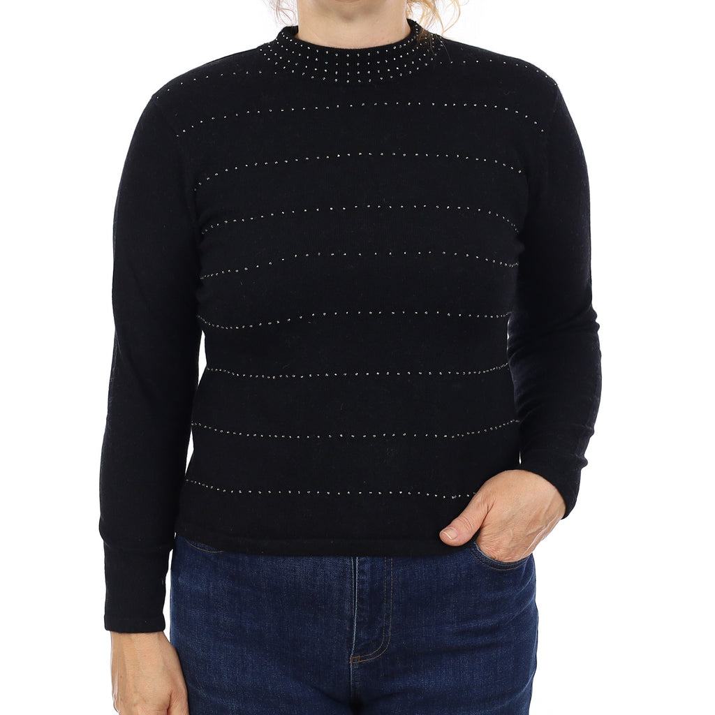 Black Beaded Cashmere Turtleneck Jumper Medium