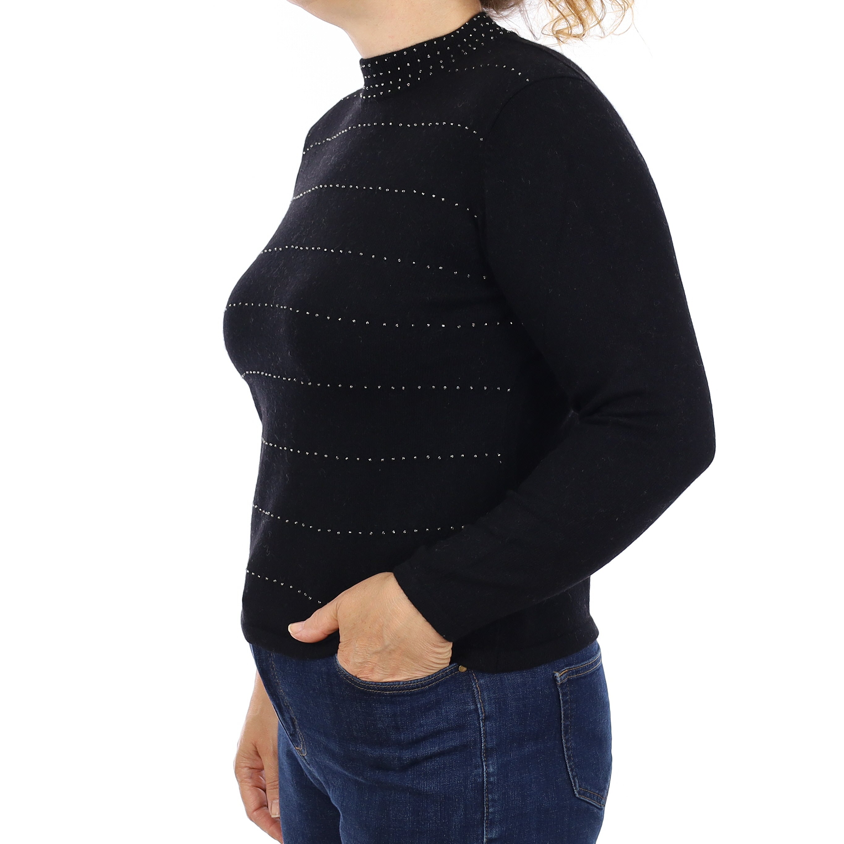 Black Beaded Cashmere Turtleneck Jumper Medium